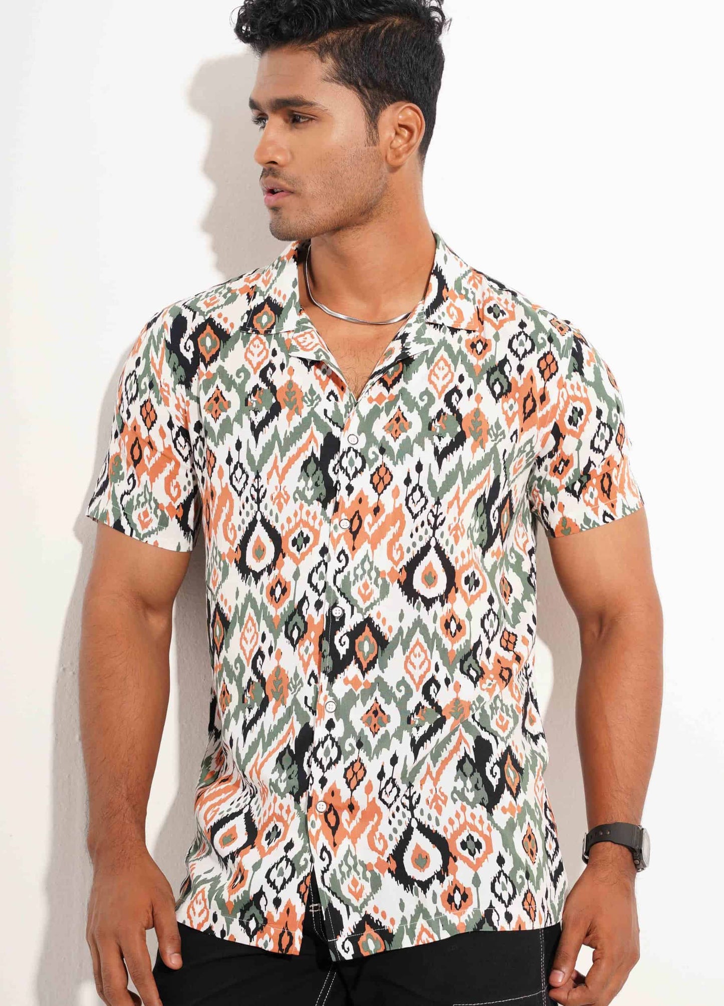 White-Yellow green pentagonal cube printed havana shirt