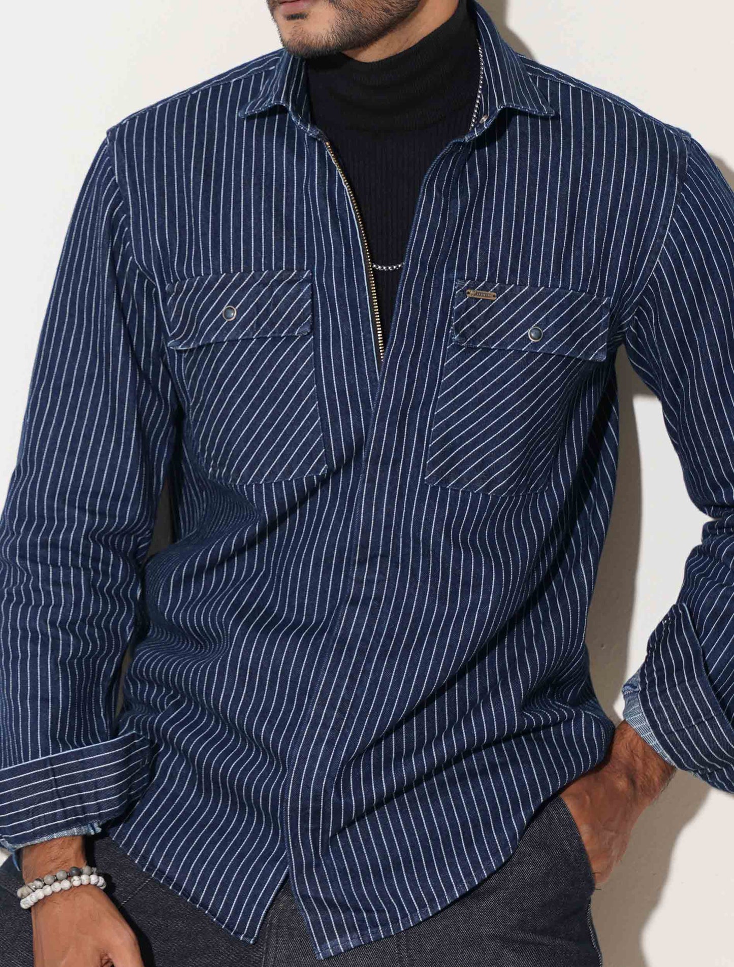 Blue stripe chain design denim full sleeve