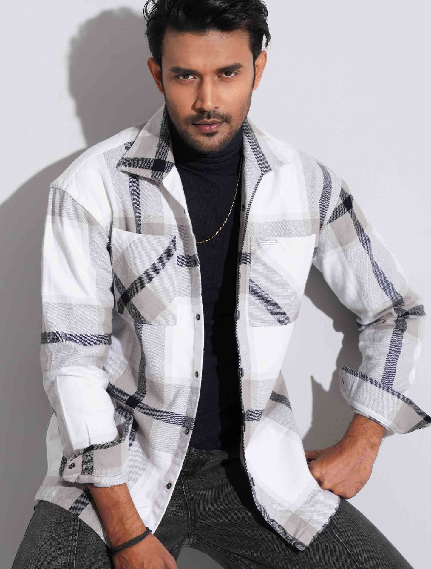 Light ash check flannel shacket