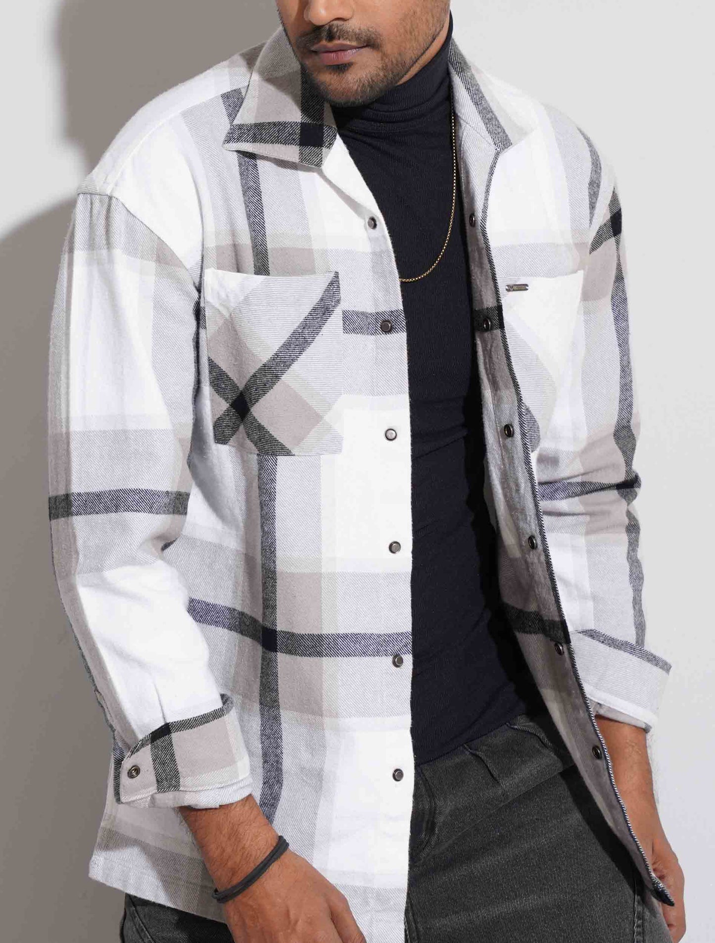 Light ash check flannel shacket