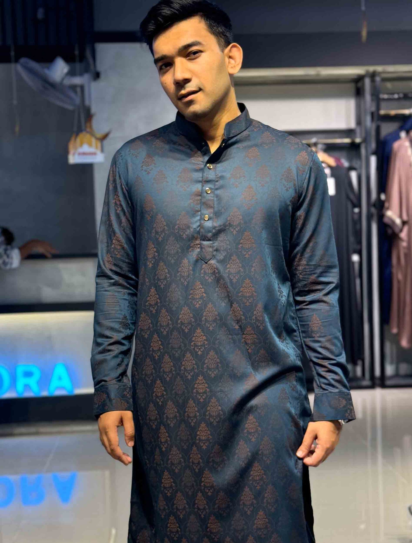 Teal blue bamboo silk premium panjabi- RAV