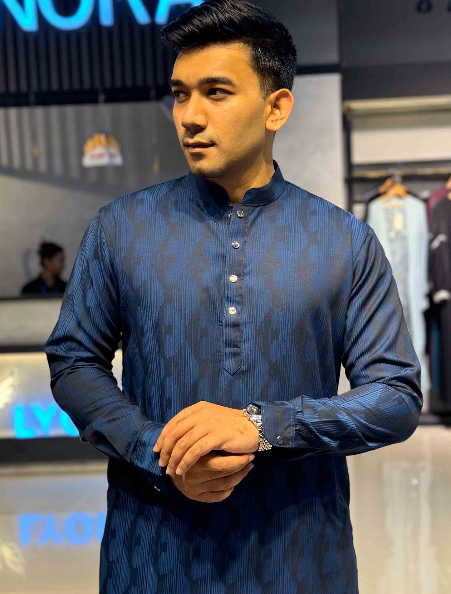 Blue stripe printed bamboo silk panjabi