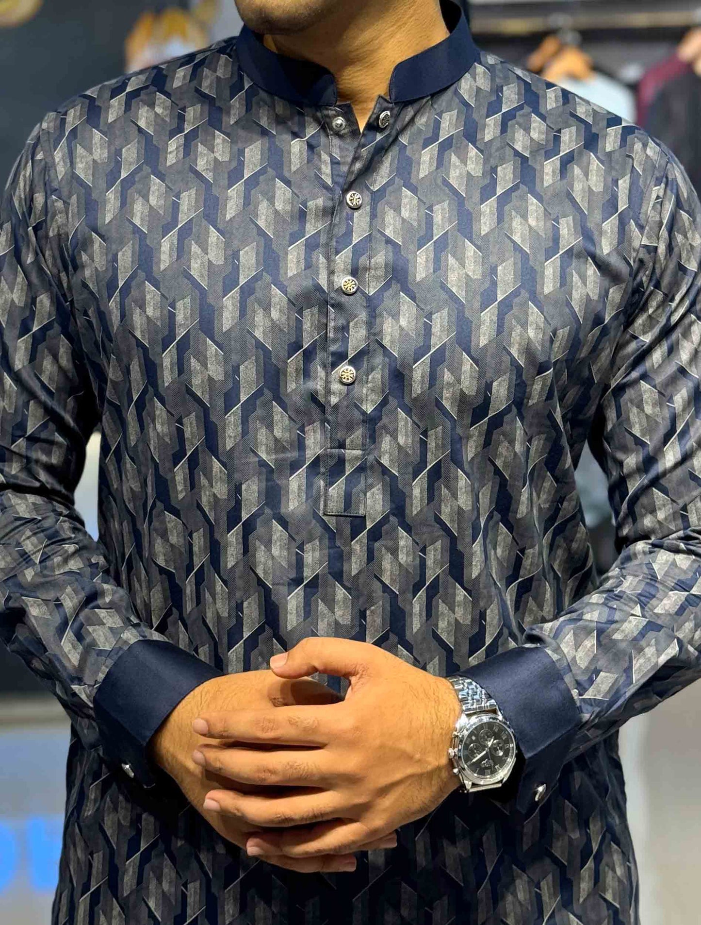 Midnight blue 3D abstract Printed Premium panjabi