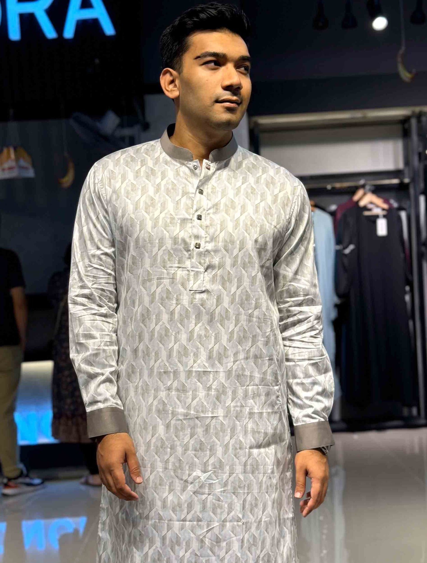 White 3D Abstract Printed Premium Panjabi