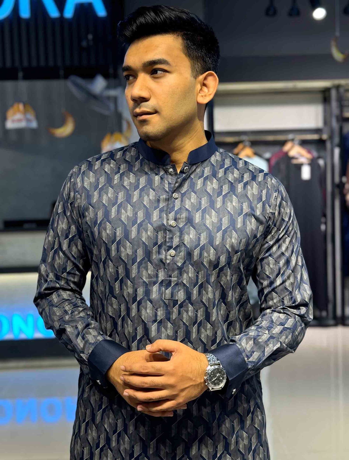 Midnight blue 3D abstract Printed Premium panjabi