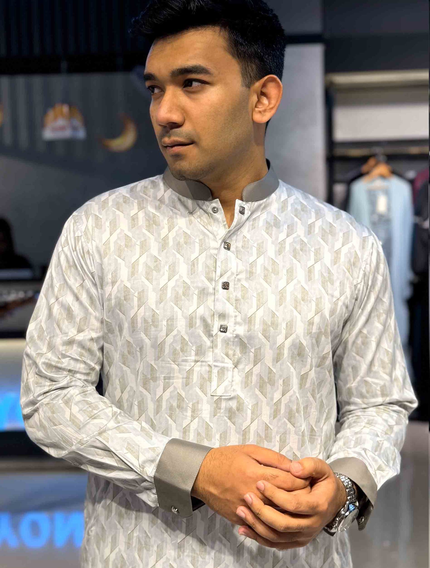 White 3D Abstract Printed Premium Panjabi
