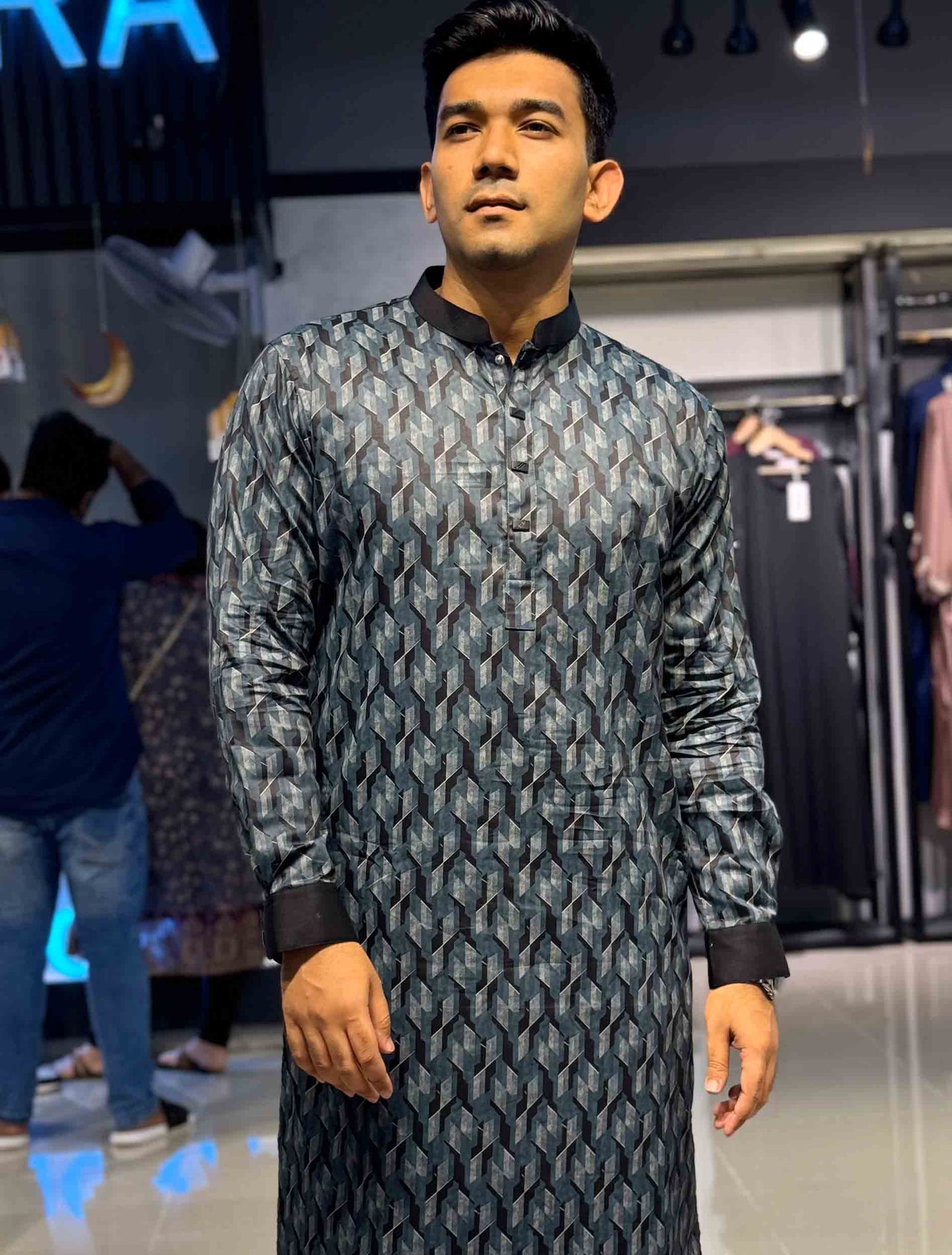 Shadow gray 3D abstract Printed Premium Panjabi