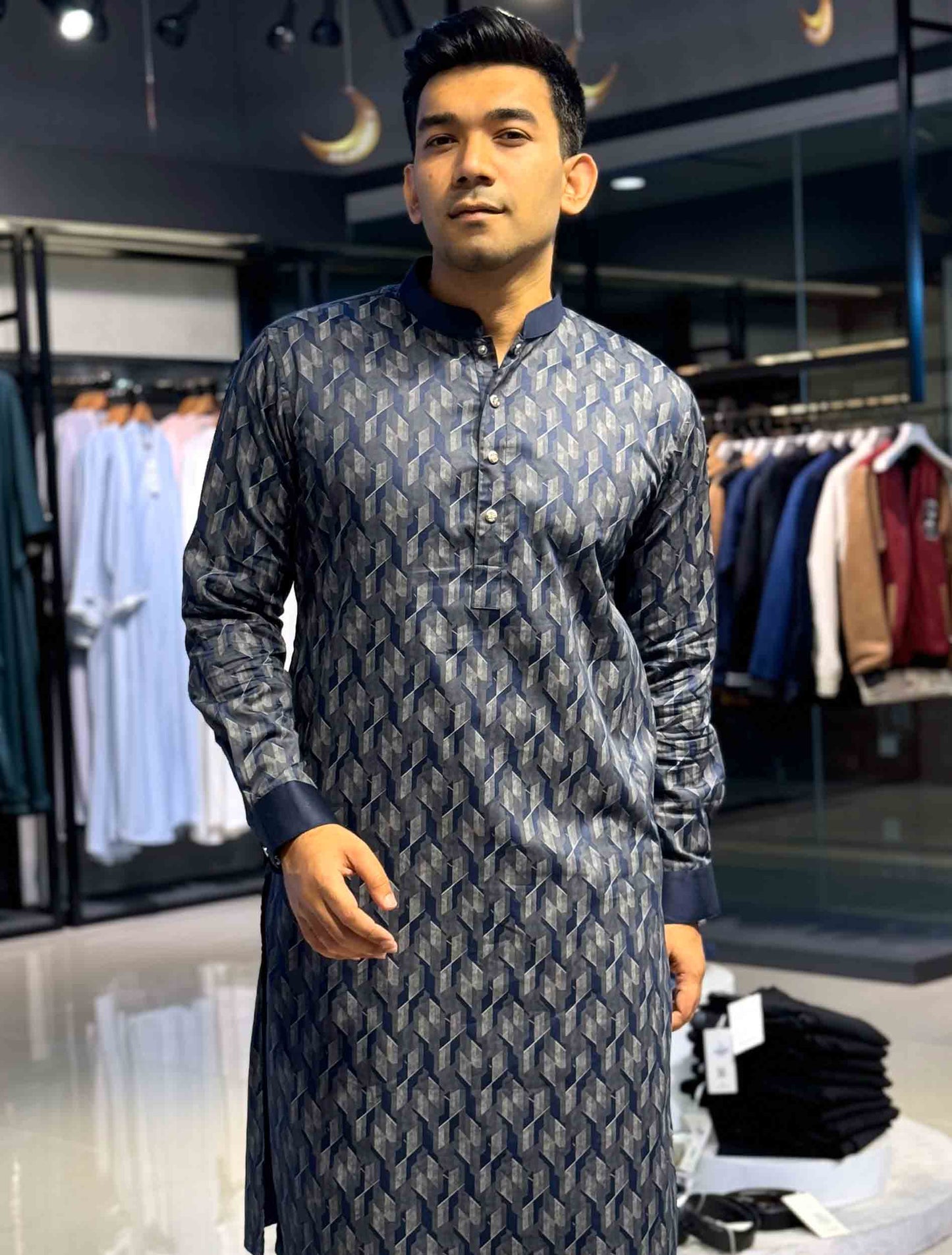 Midnight blue 3D abstract Printed Premium panjabi