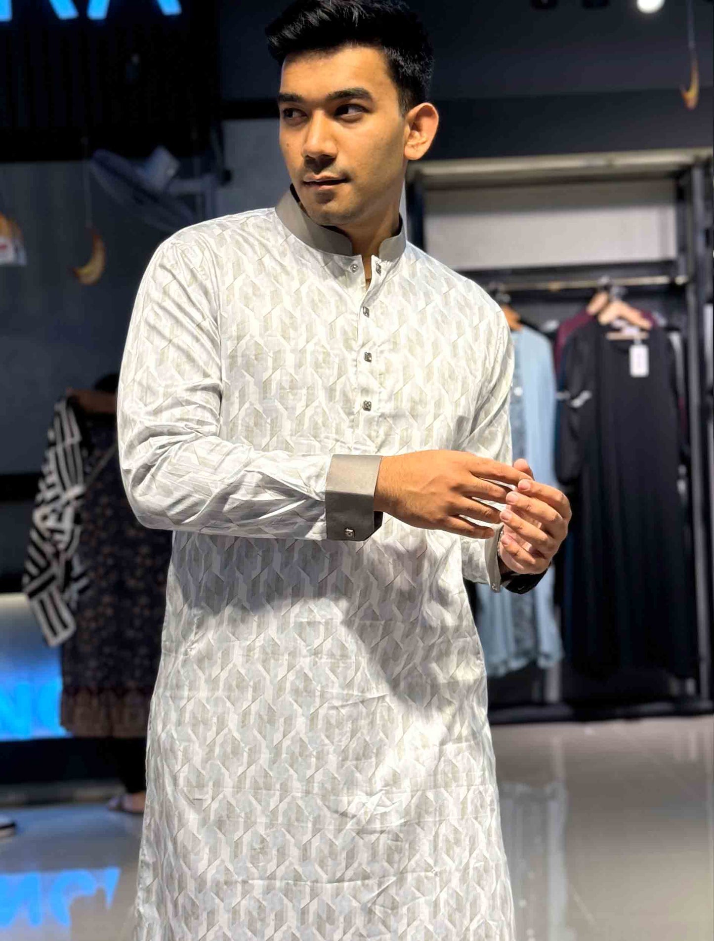 White 3D Abstract Printed Premium Panjabi
