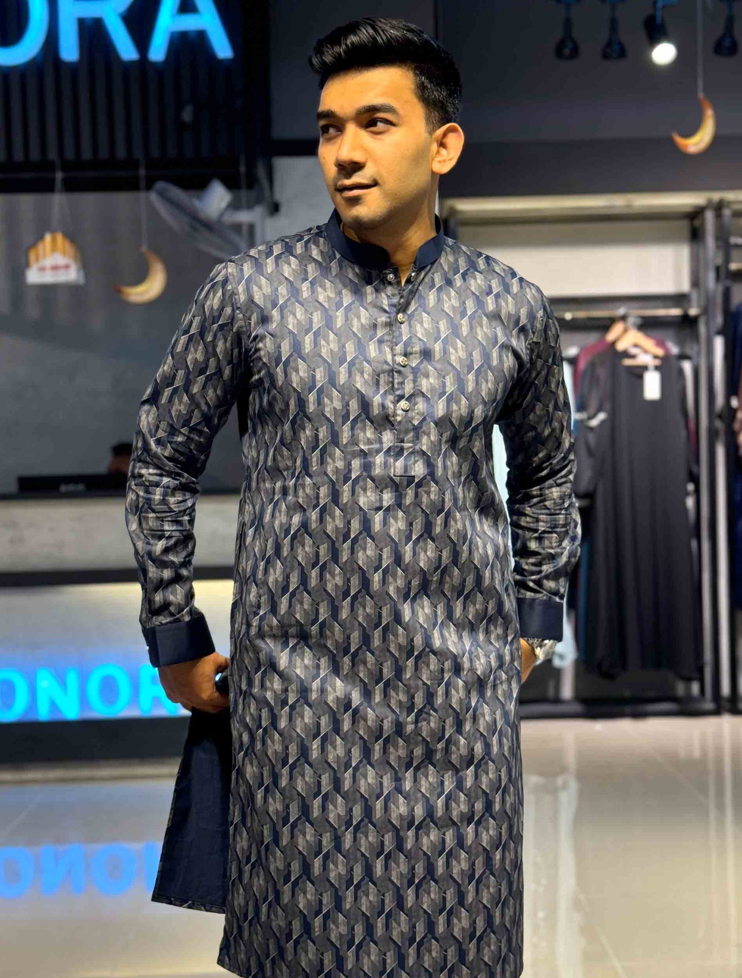 Midnight blue 3D abstract Printed Premium panjabi