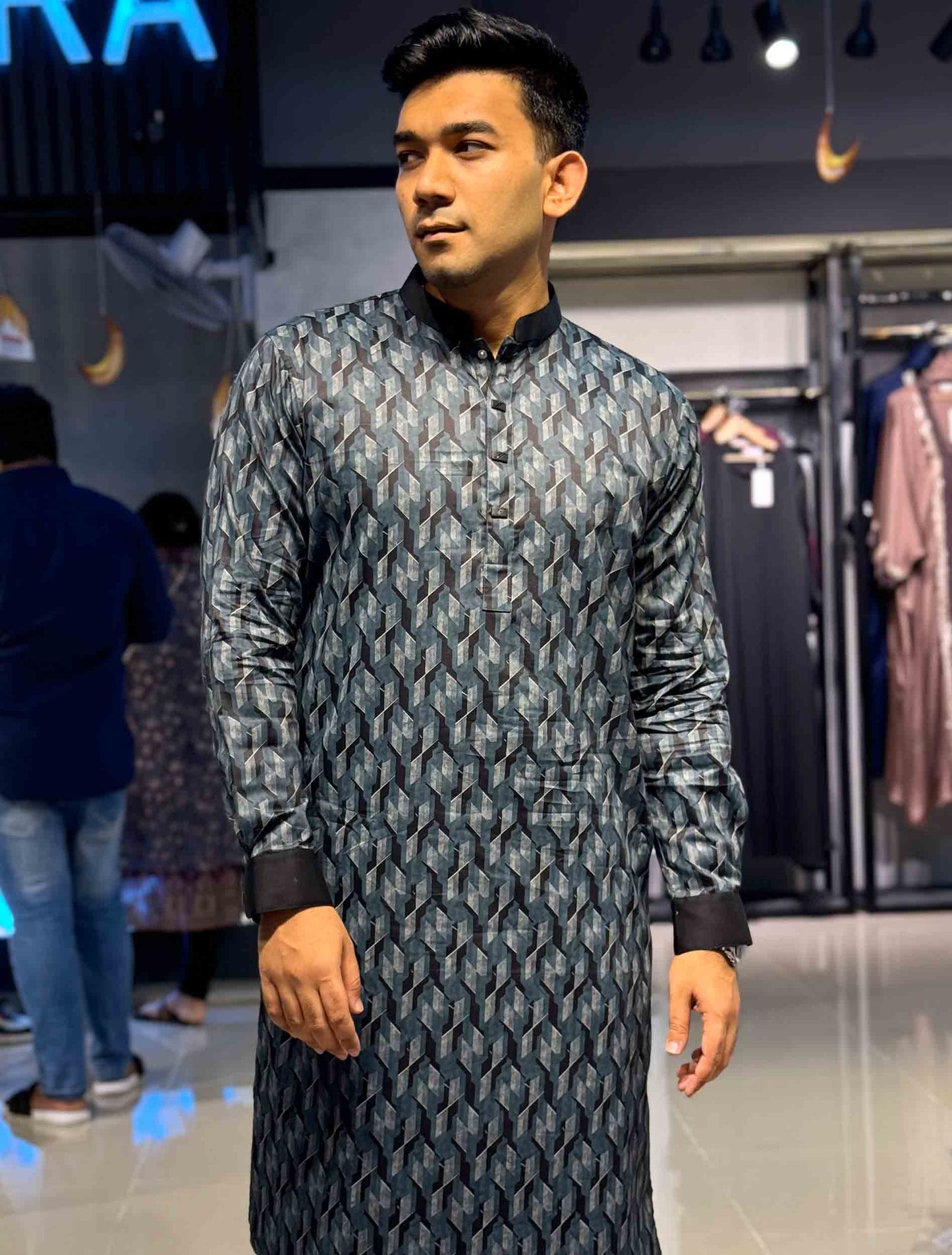 Shadow gray 3D abstract Printed Premium Panjabi