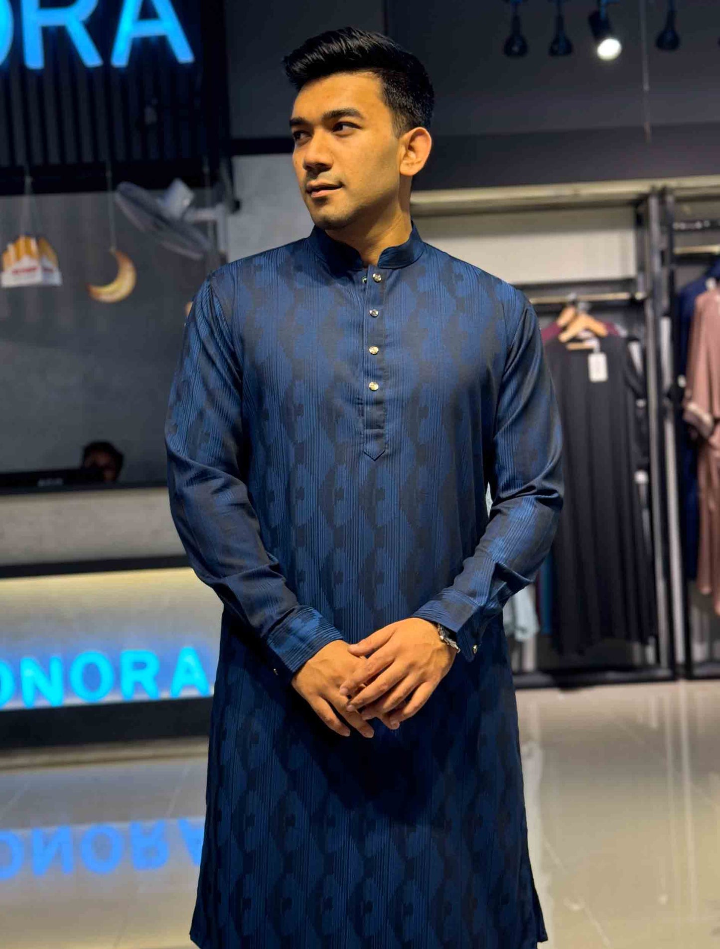 Blue stripe printed bamboo silk panjabi