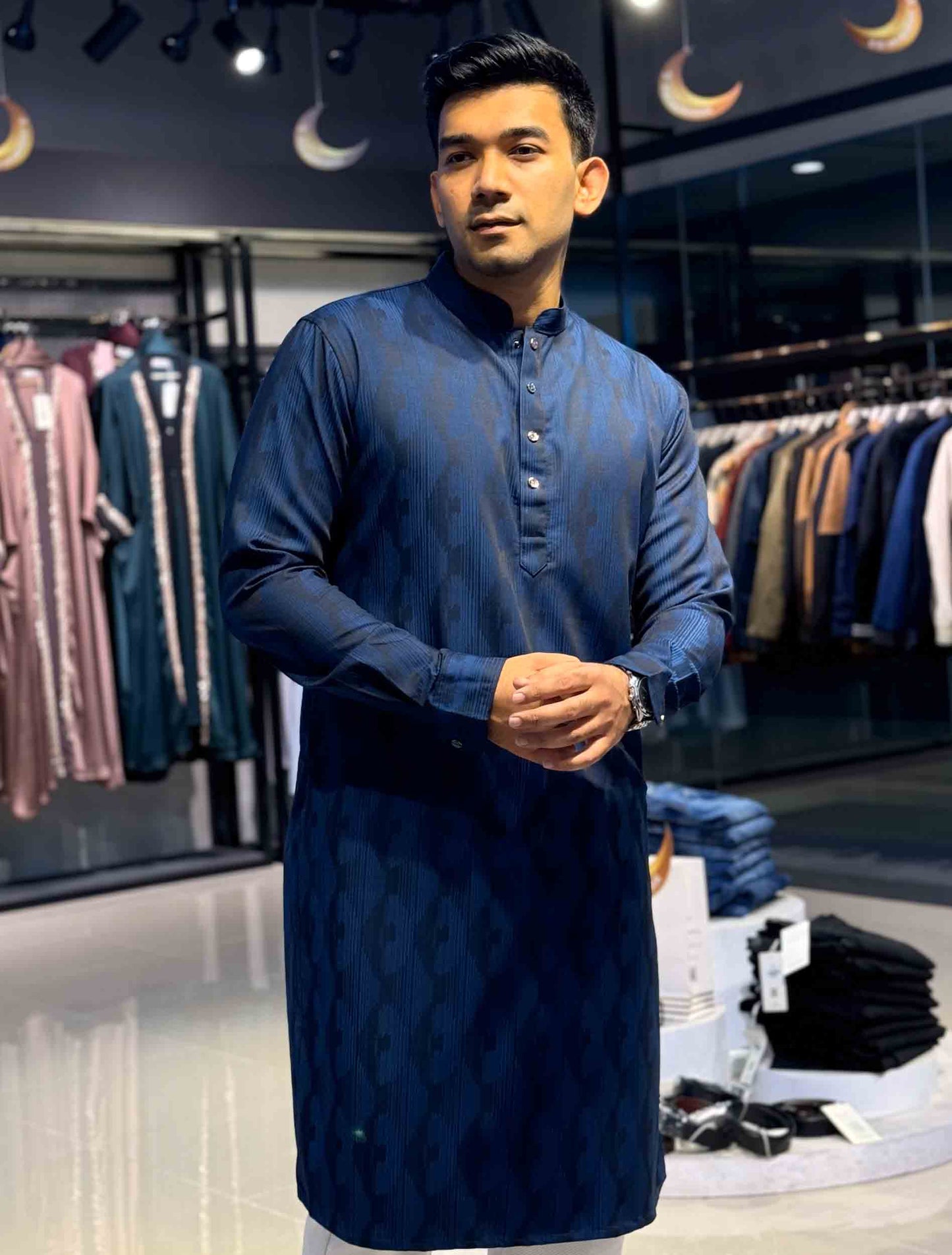 Blue stripe printed bamboo silk panjabi