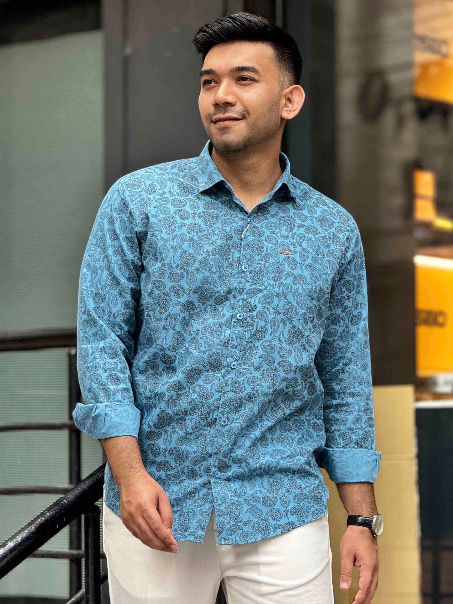 French Blue Black sankha printed full sleeve