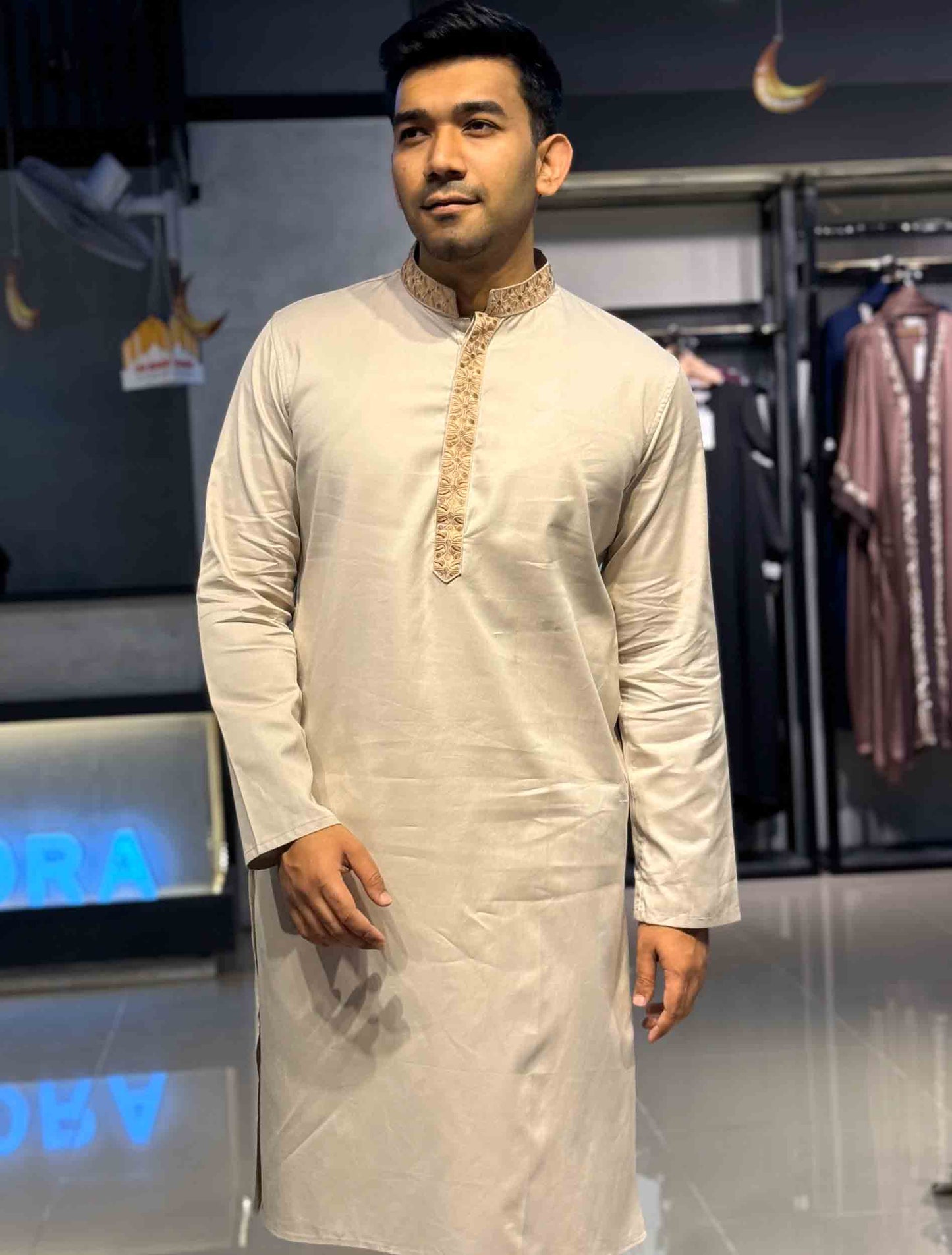 Pale Brown Plate embroidery premium Panjabi