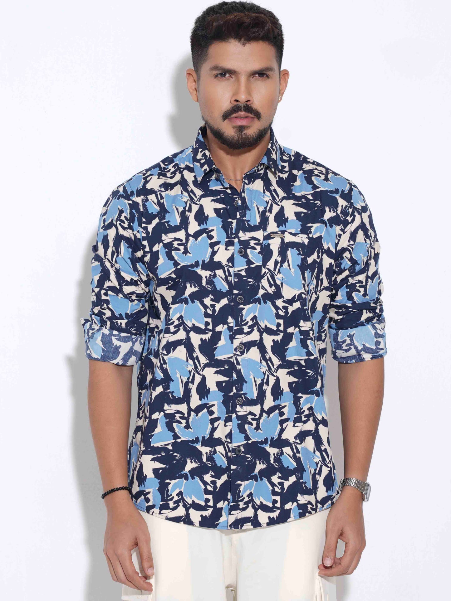 Cream Black Blue printed full sleeve shirt