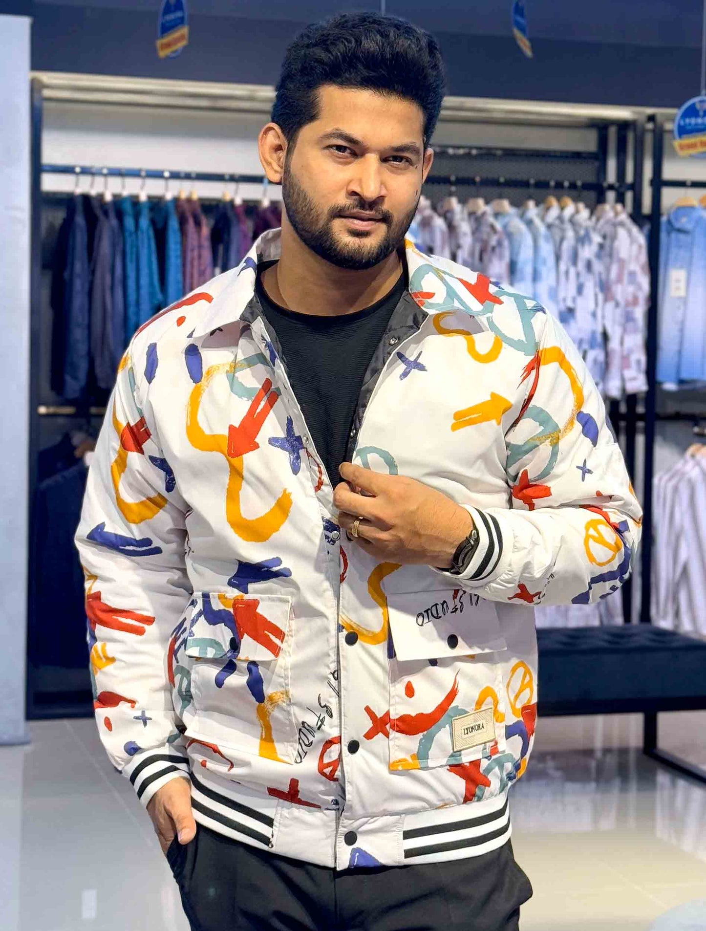White graffiti art printed premium jacket