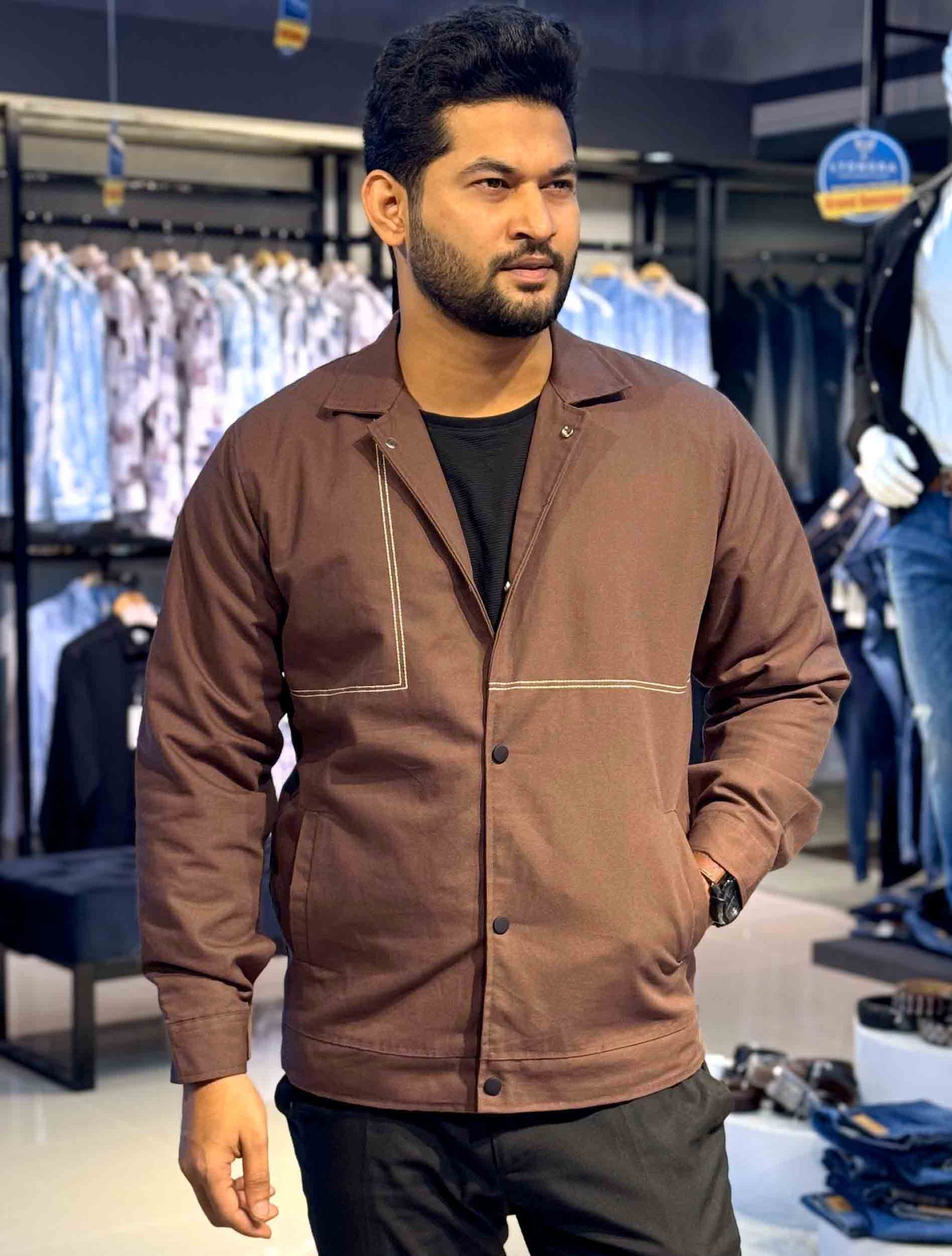 Coffee canvas embroidered jacket