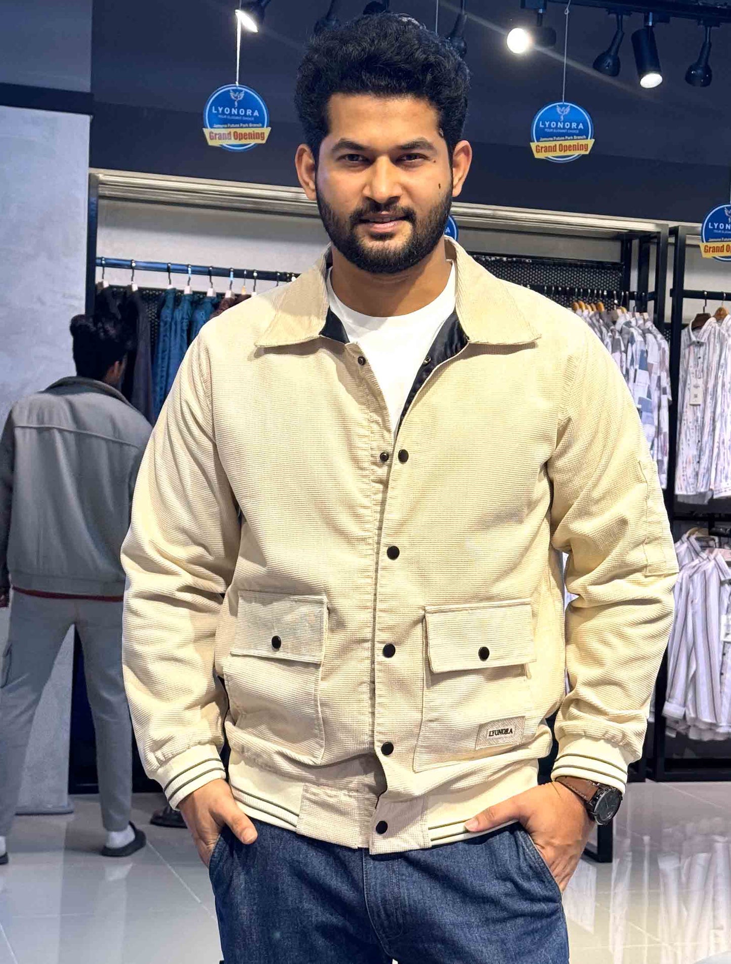 Cream textured hand stripe premium jacket