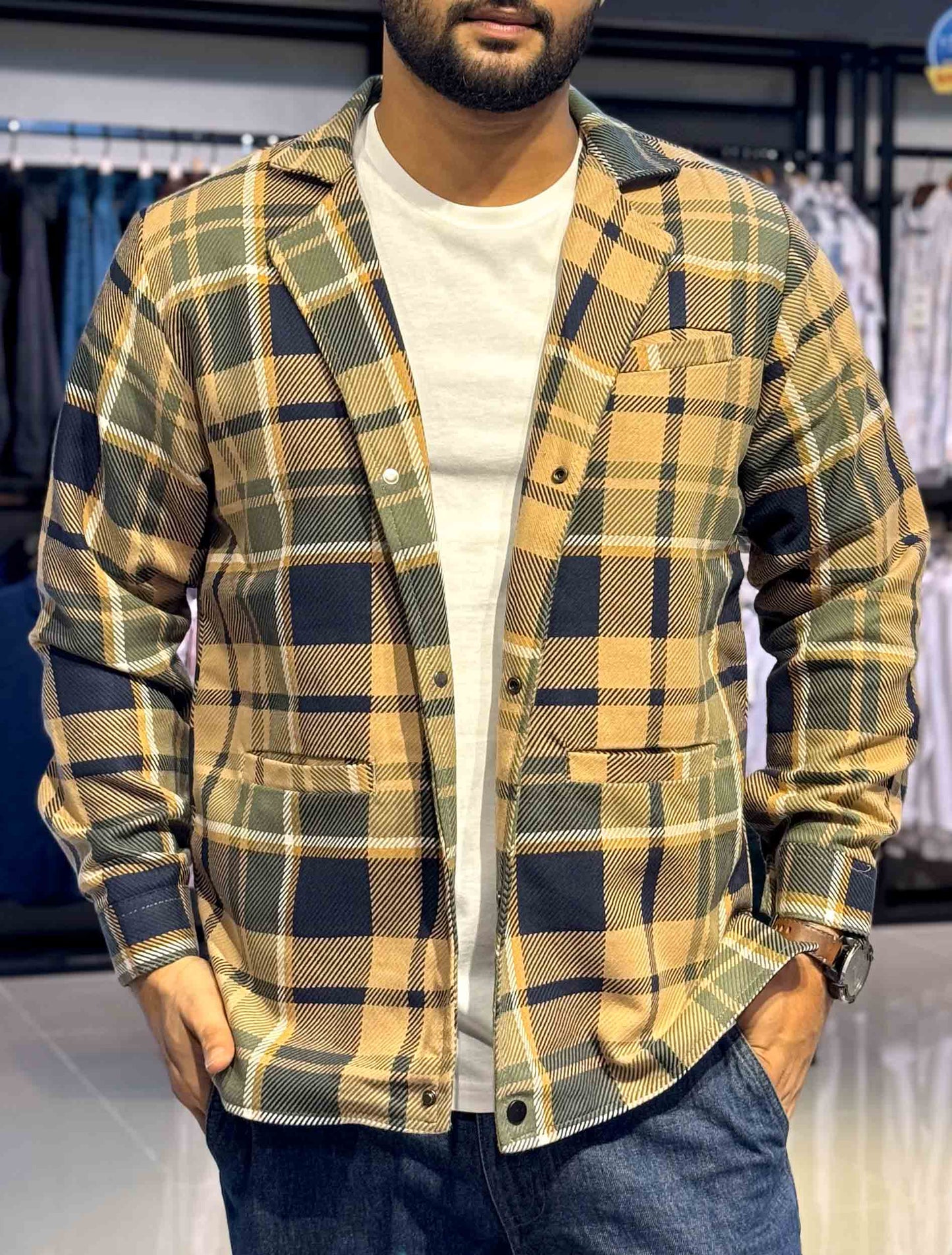 Cream black green Flannel jacket