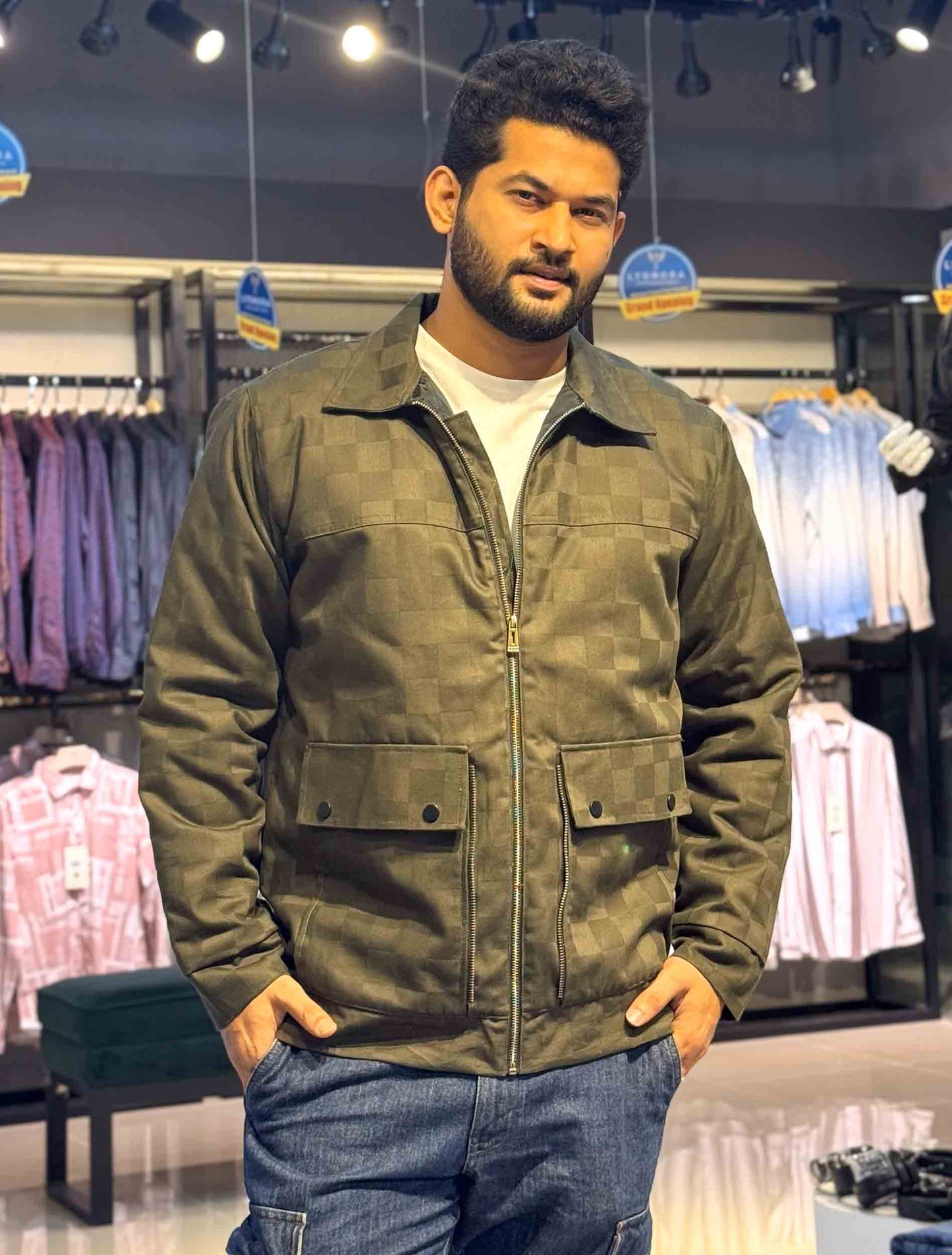 Olive chess board printed premium jacket
