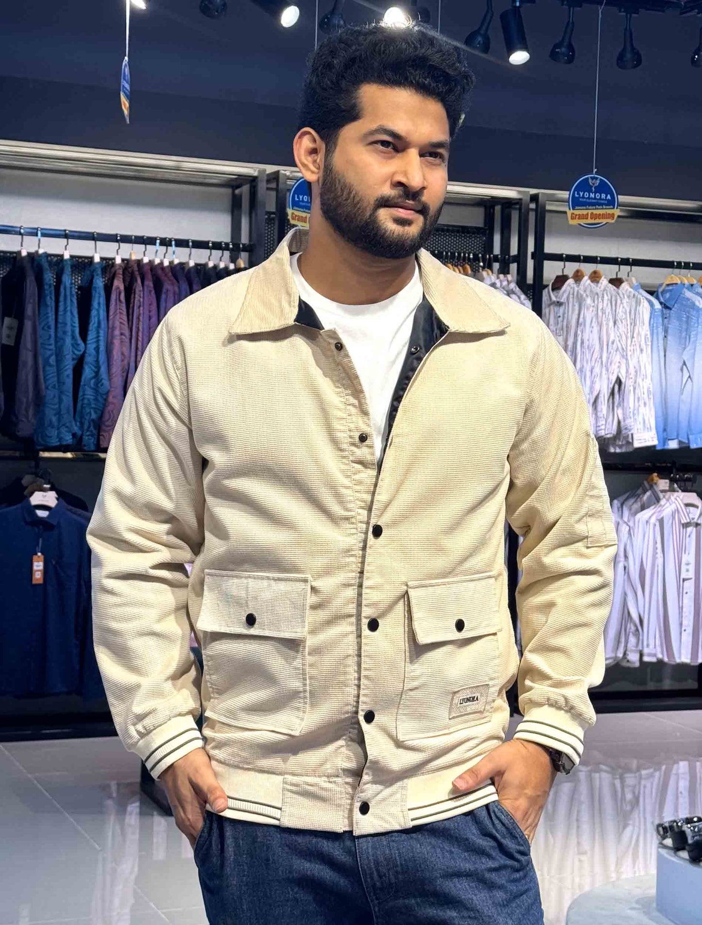 Cream textured hand stripe premium jacket