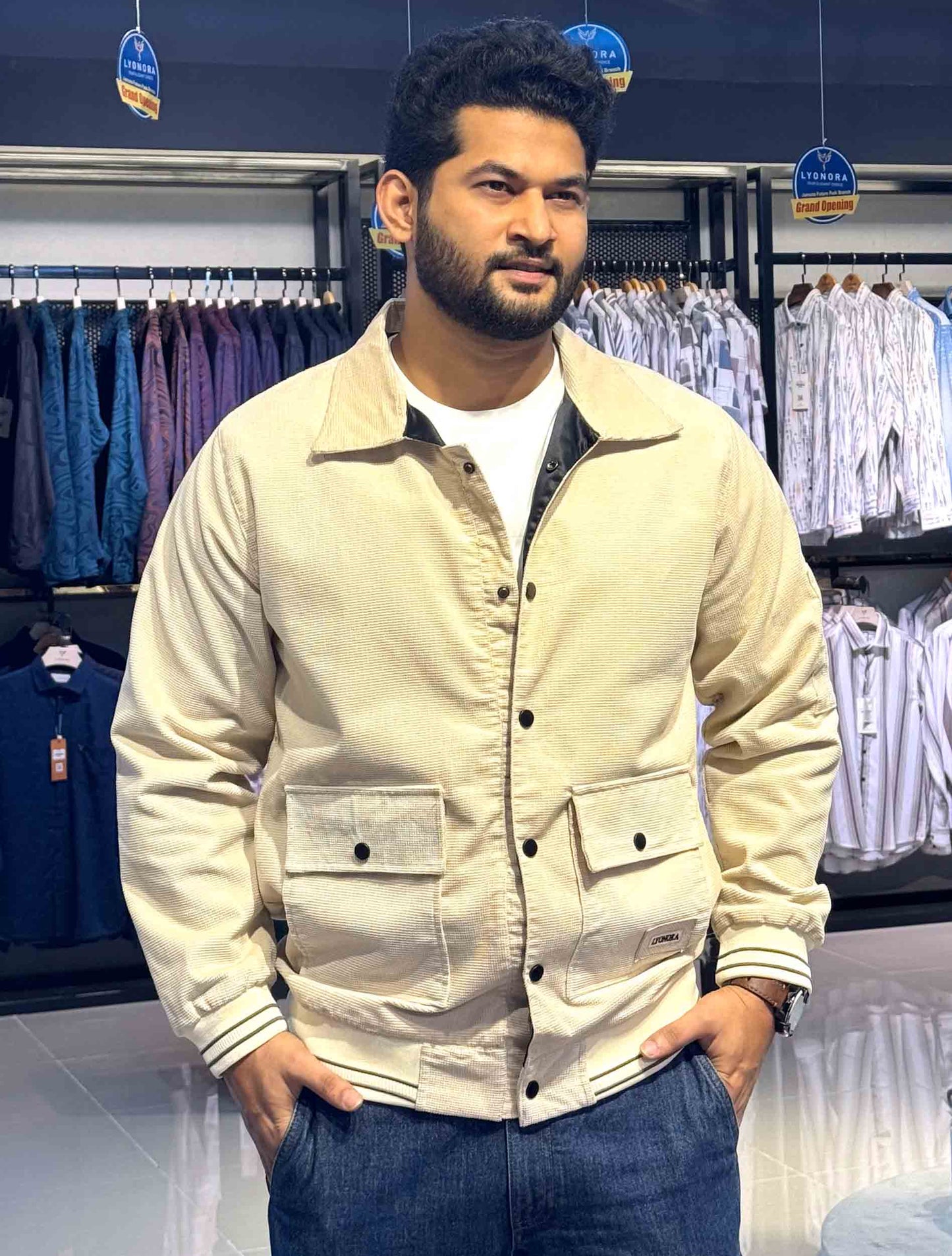 Cream textured hand stripe premium jacket