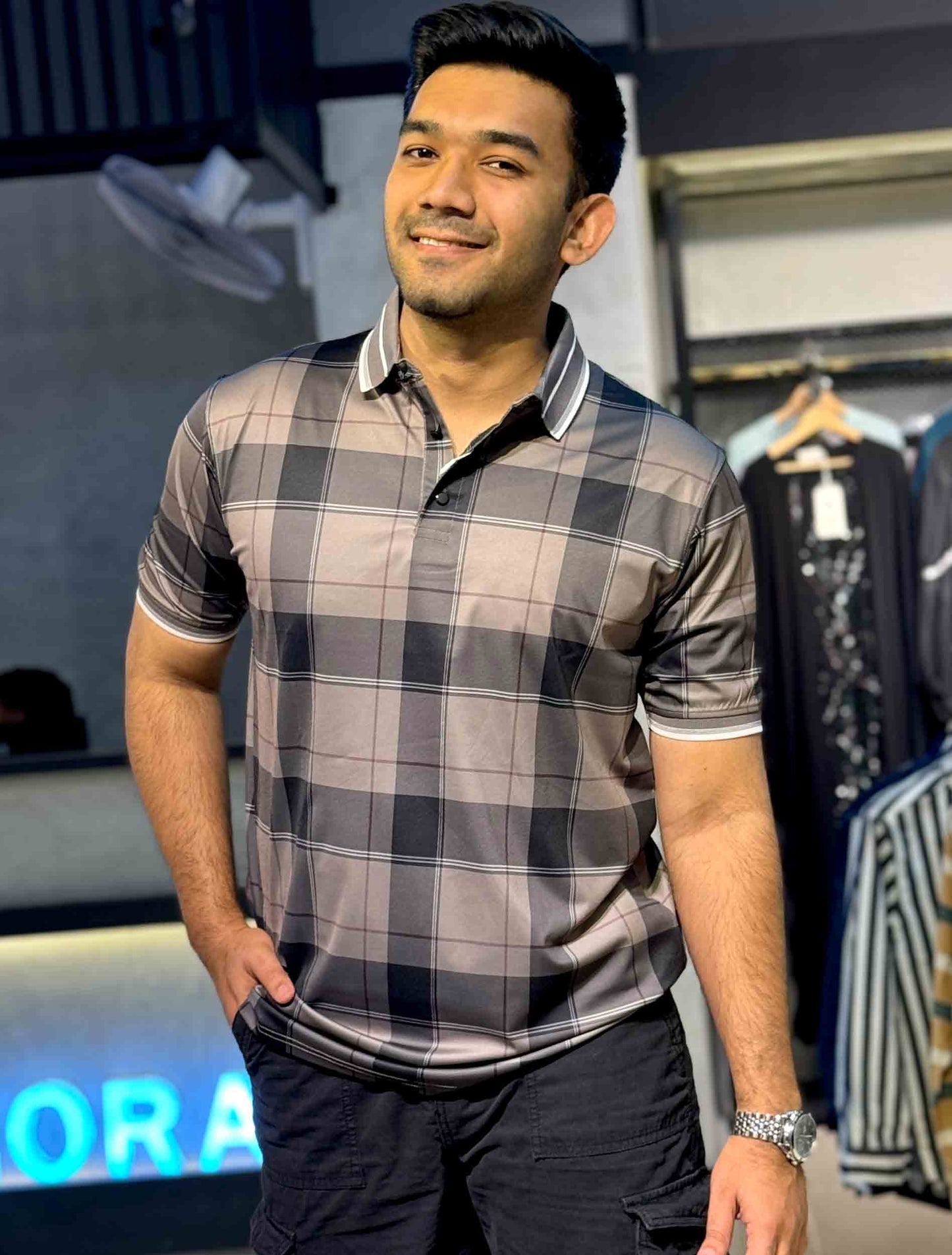 Fossil grey Black check premium polo shirt