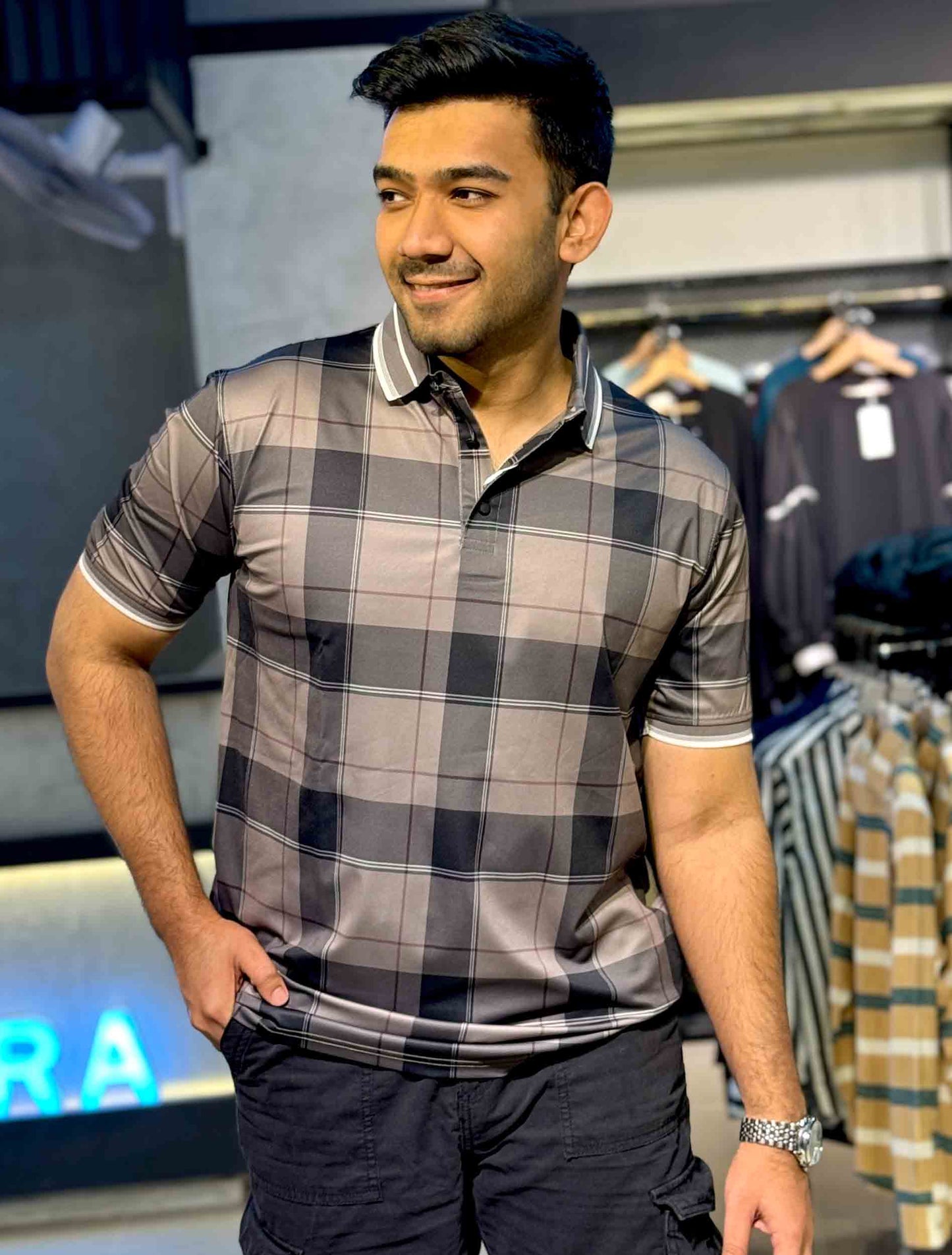 Fossil grey Black check premium polo shirt