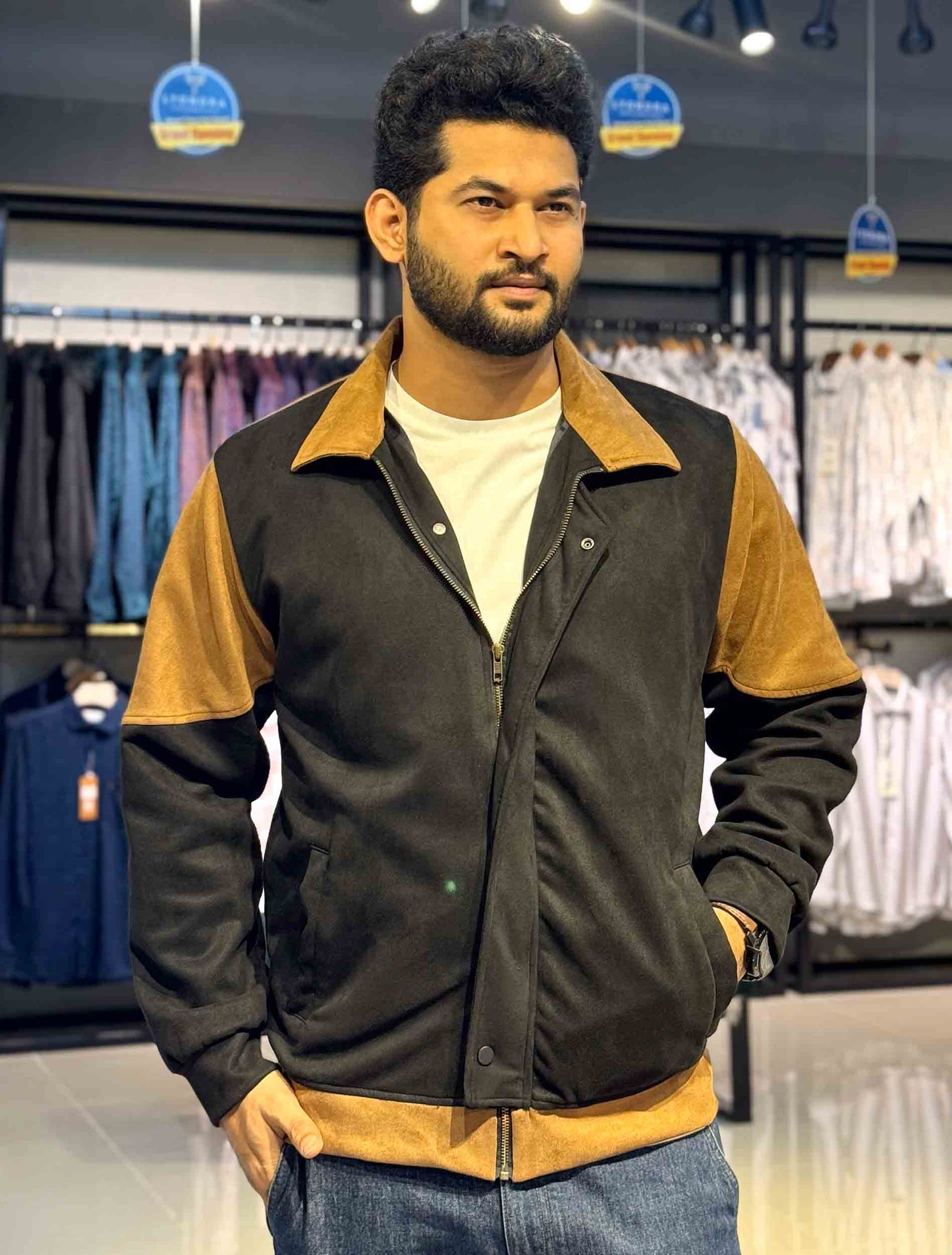 Black - brown contrast suede leather premium jacket
