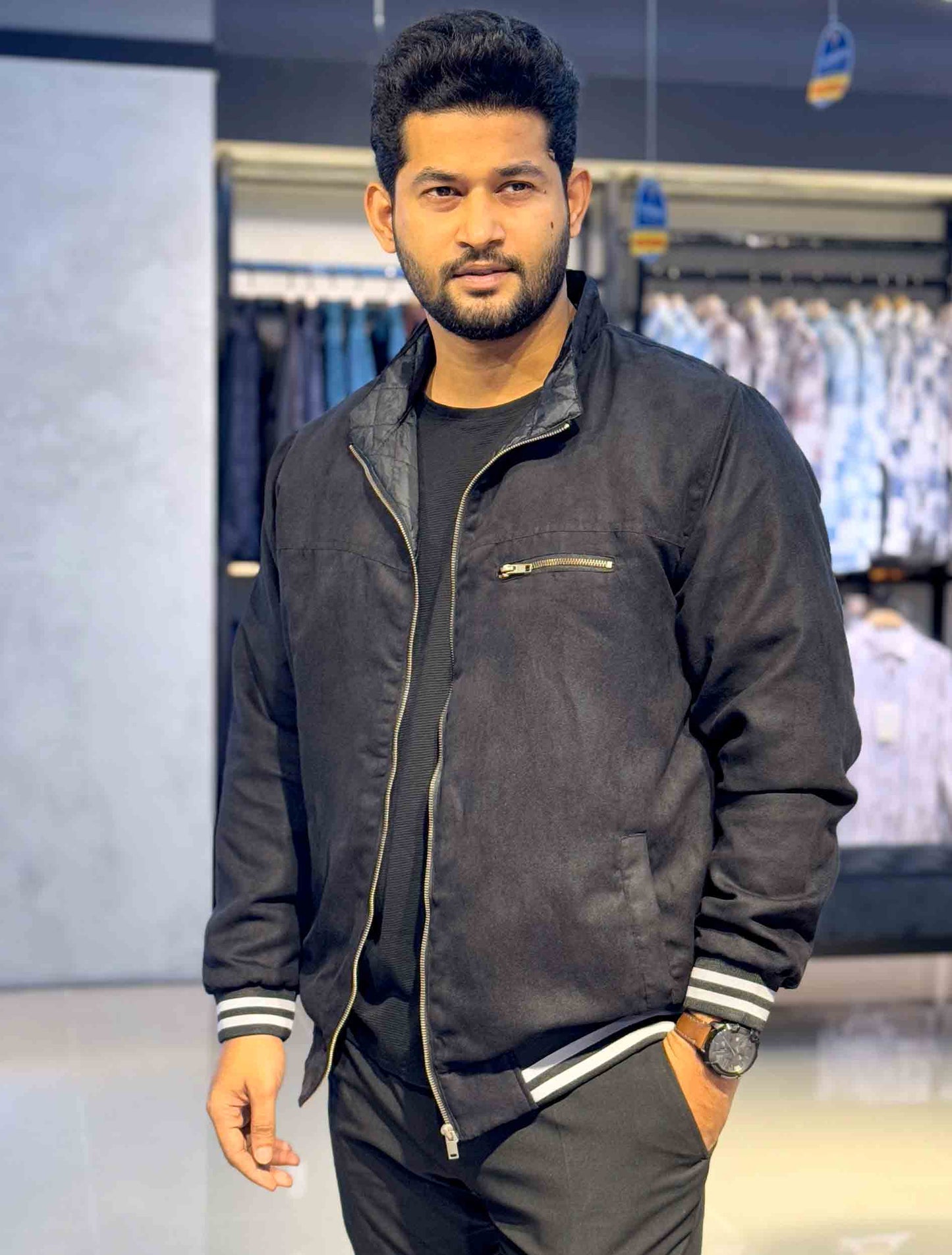 Coal black solid suede leather premium jacket