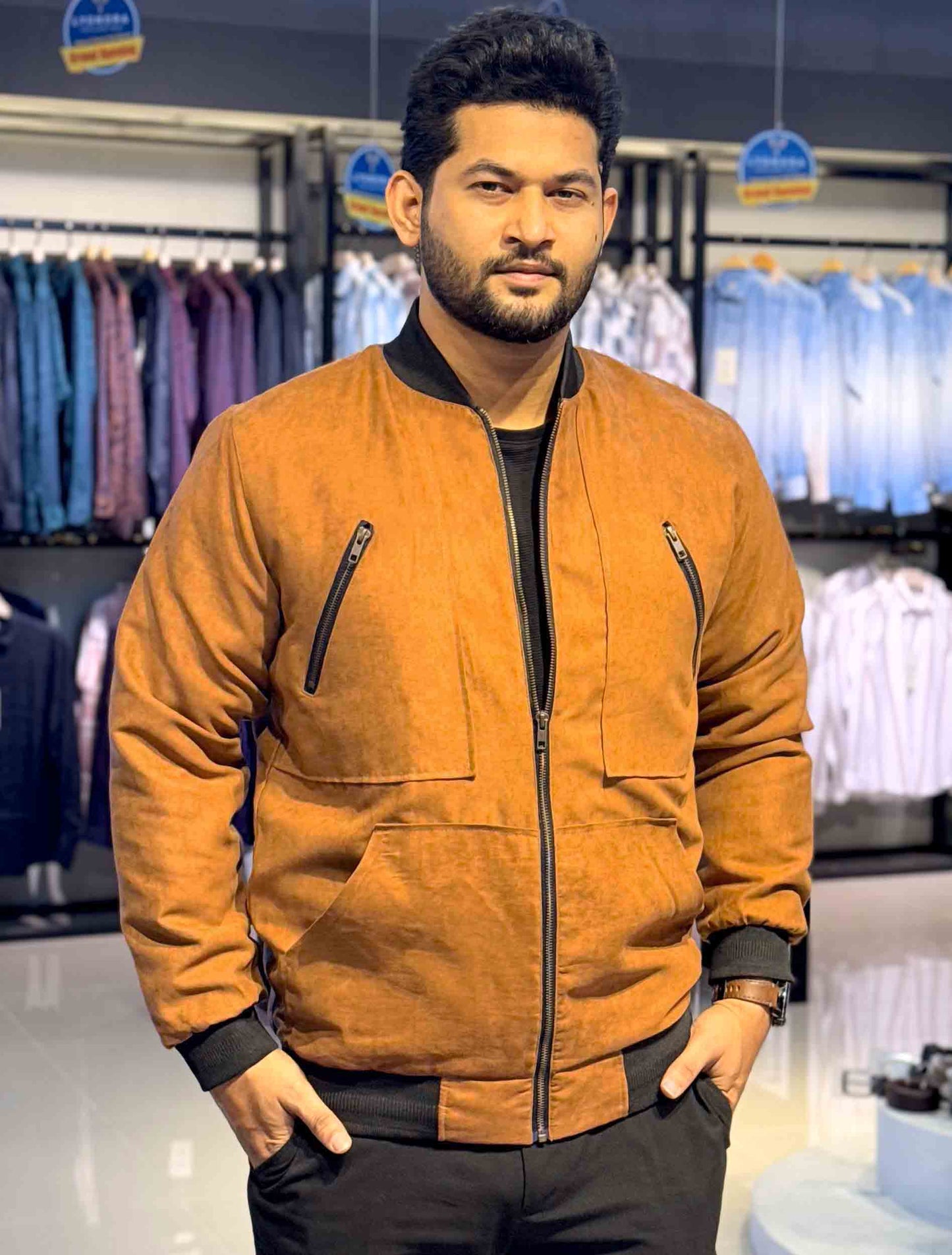 Copper zipper contrast suede leather jacket
