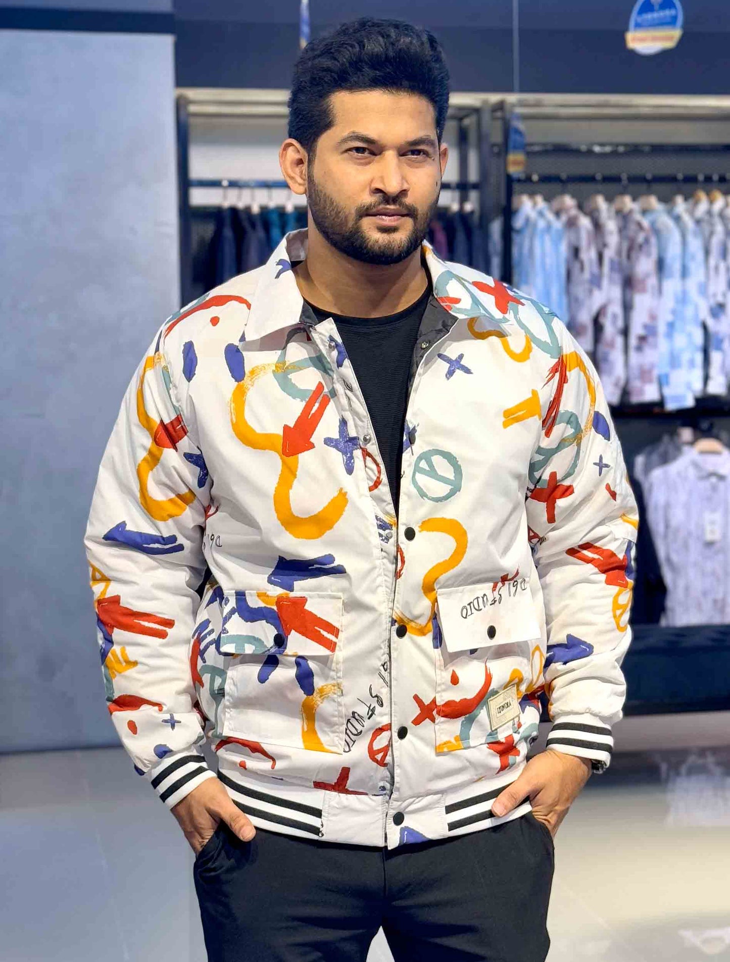 White graffiti art printed premium jacket