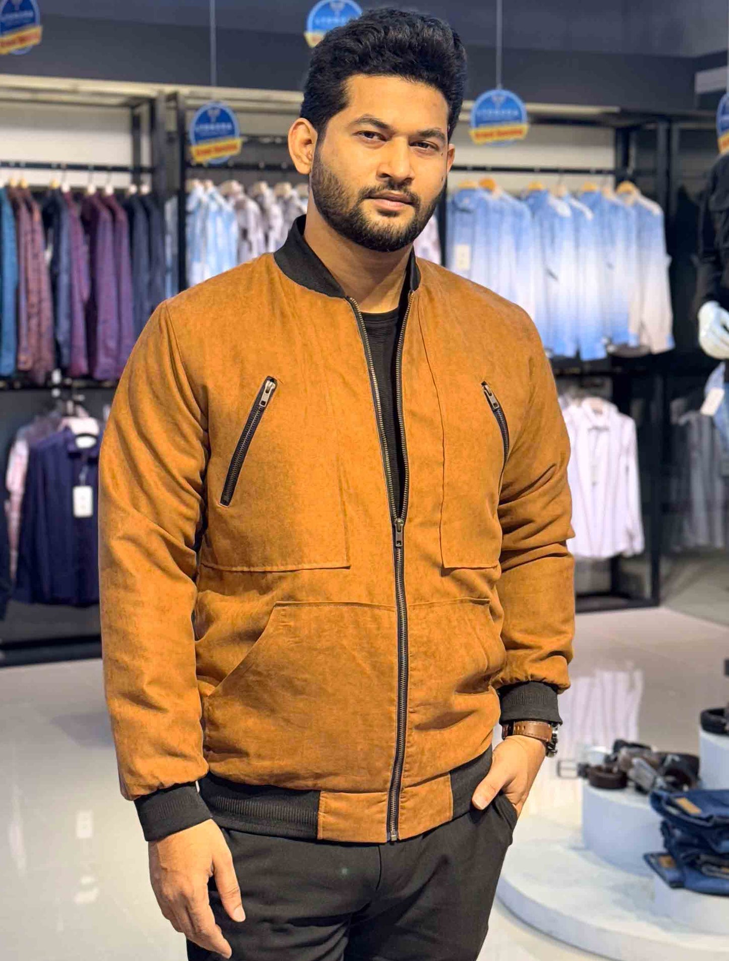 Copper zipper contrast suede leather jacket