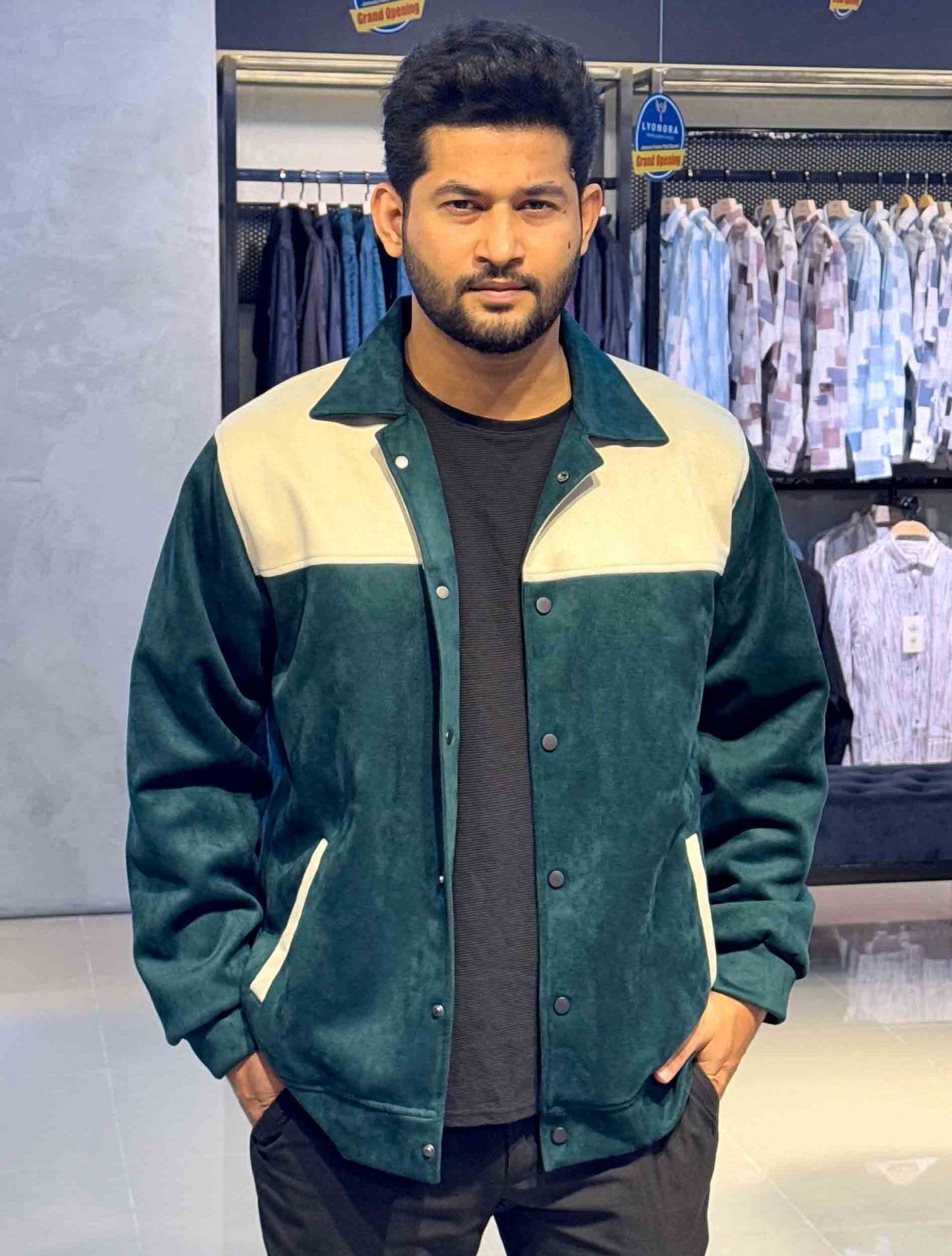 Green - cream contrast suede leather premium jacket