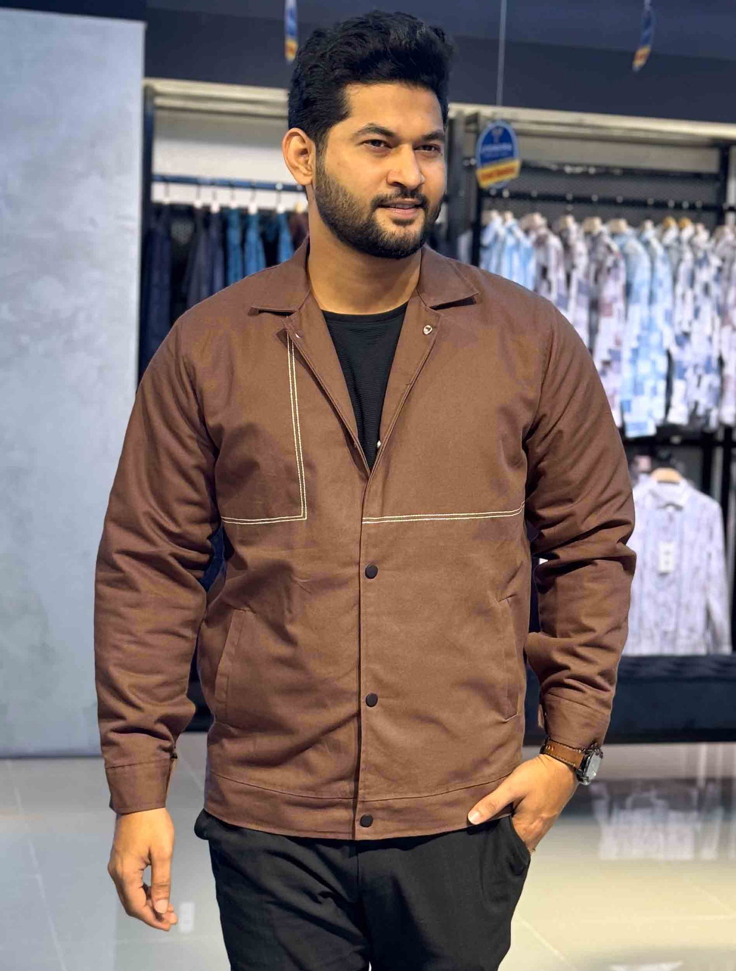 Coffee canvas embroidered jacket