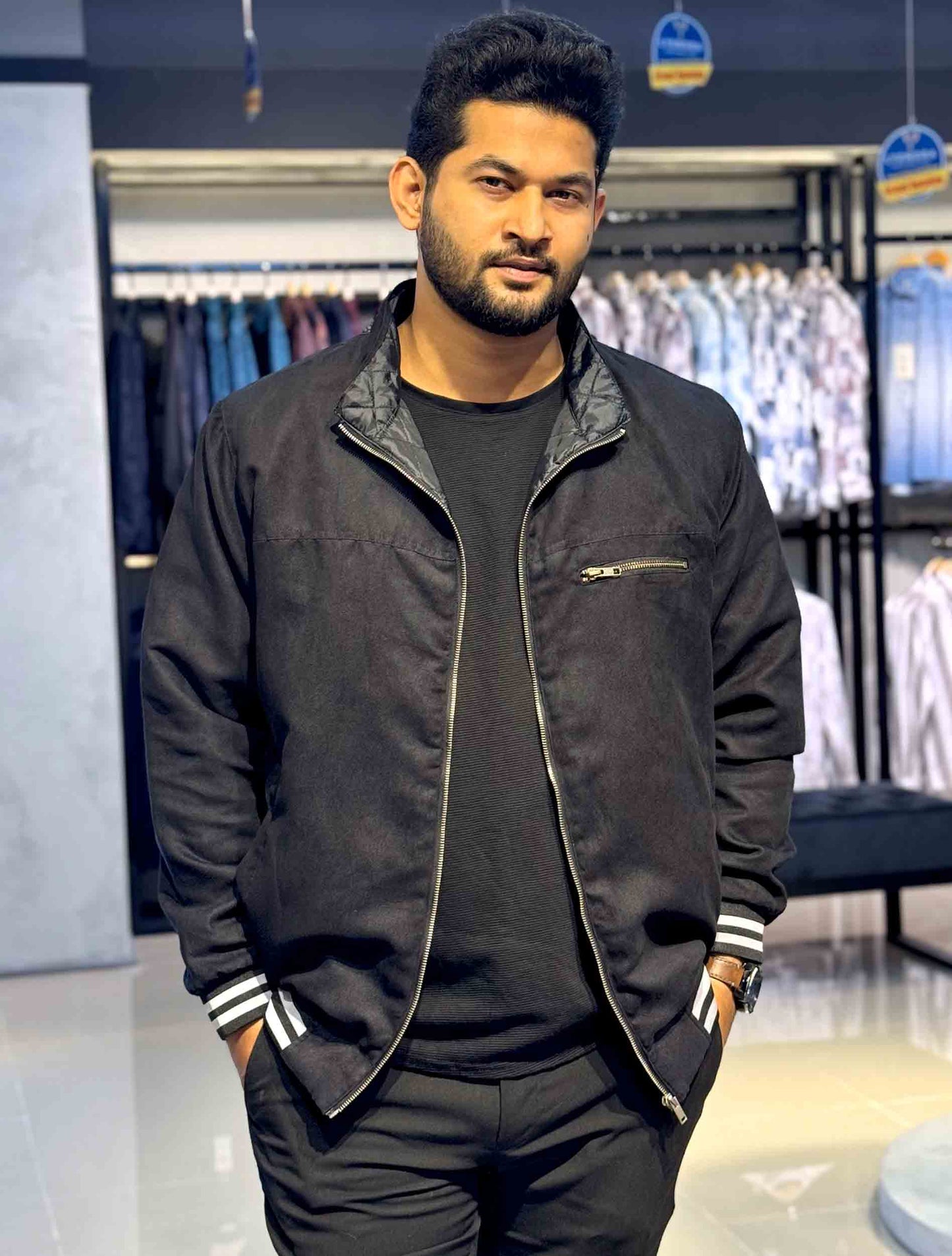 Coal black solid suede leather premium jacket