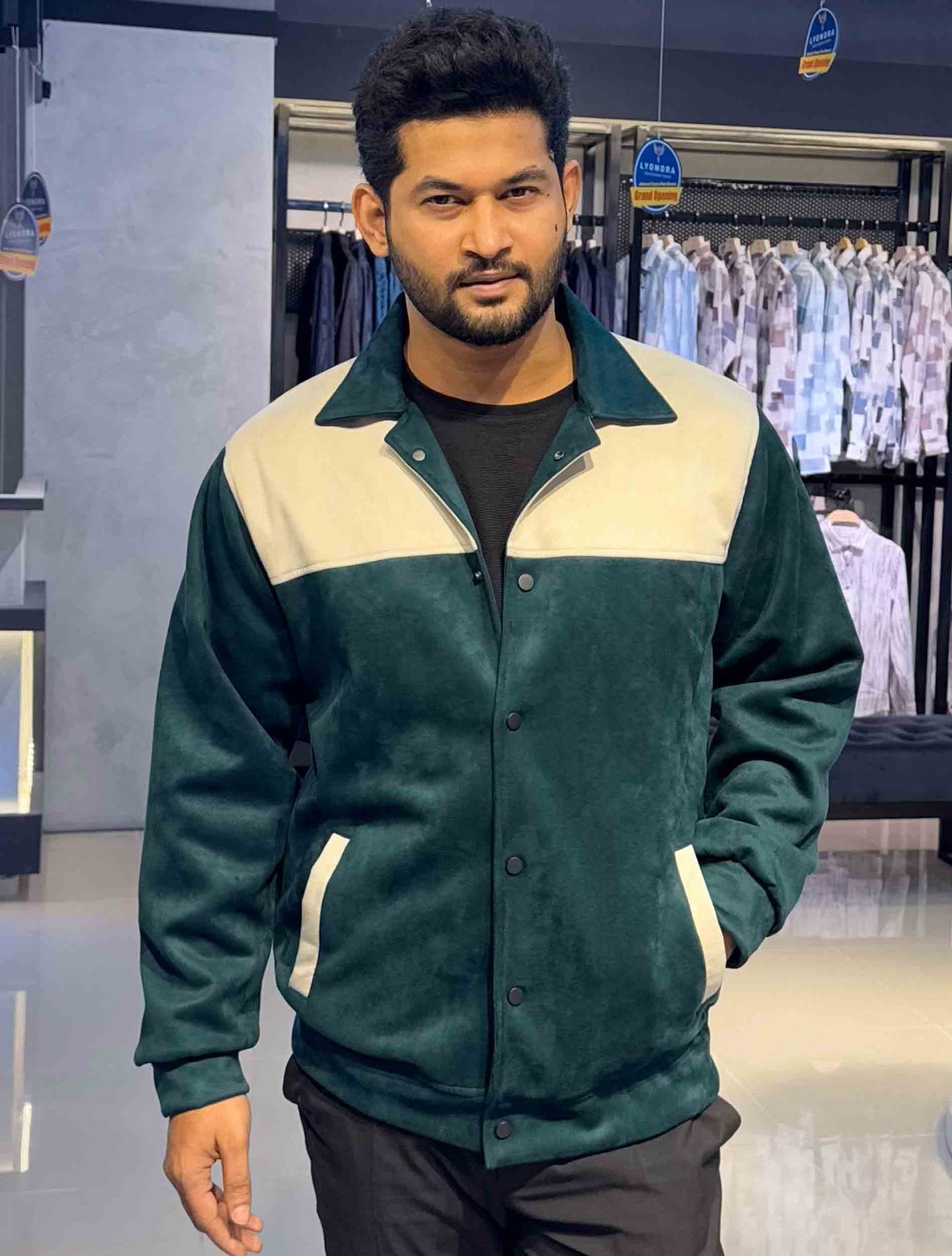 Green - cream contrast suede leather premium jacket