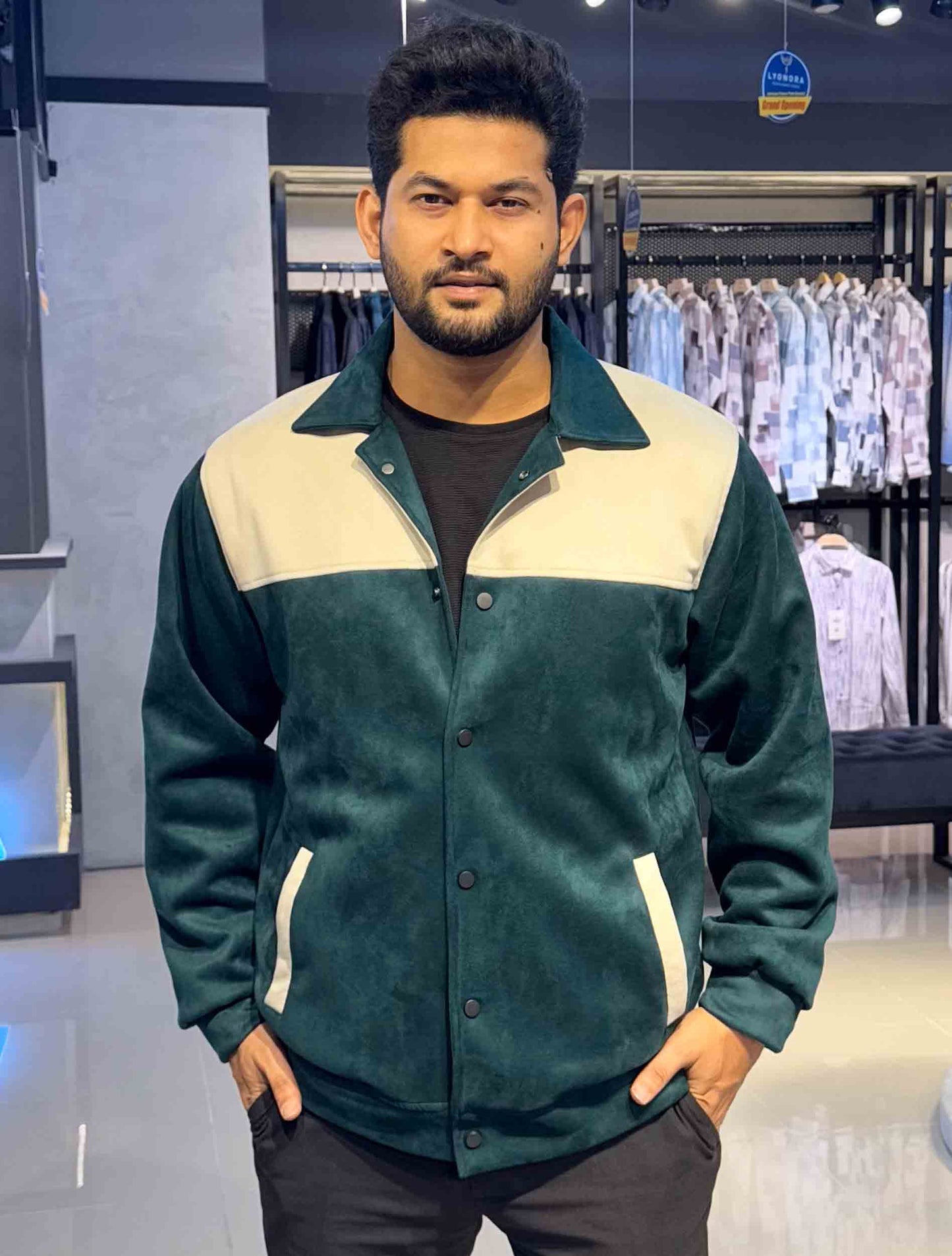 Green - cream contrast suede leather premium jacket