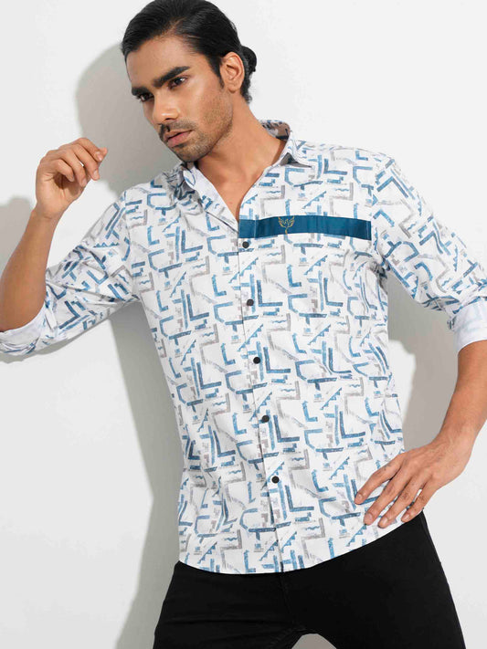 White-pantone blue chest contrast full sleeve shirt.