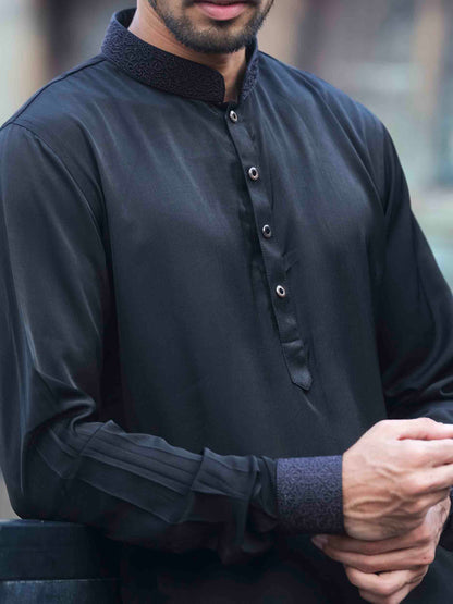 Black collar and cuff embroidered panjabi