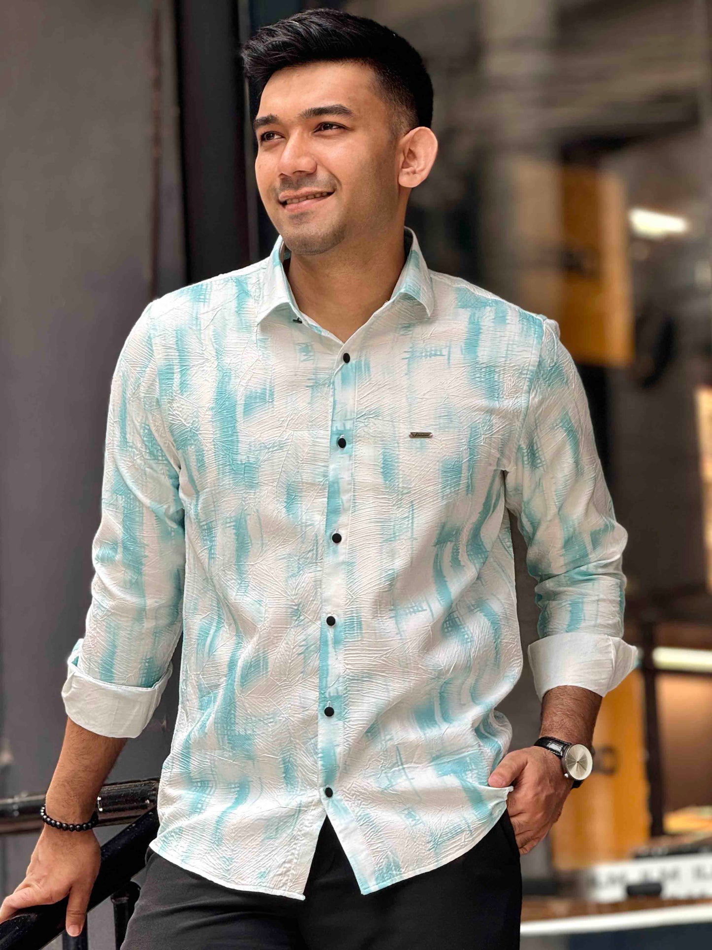 White Cyan printed viscos premium shirt
