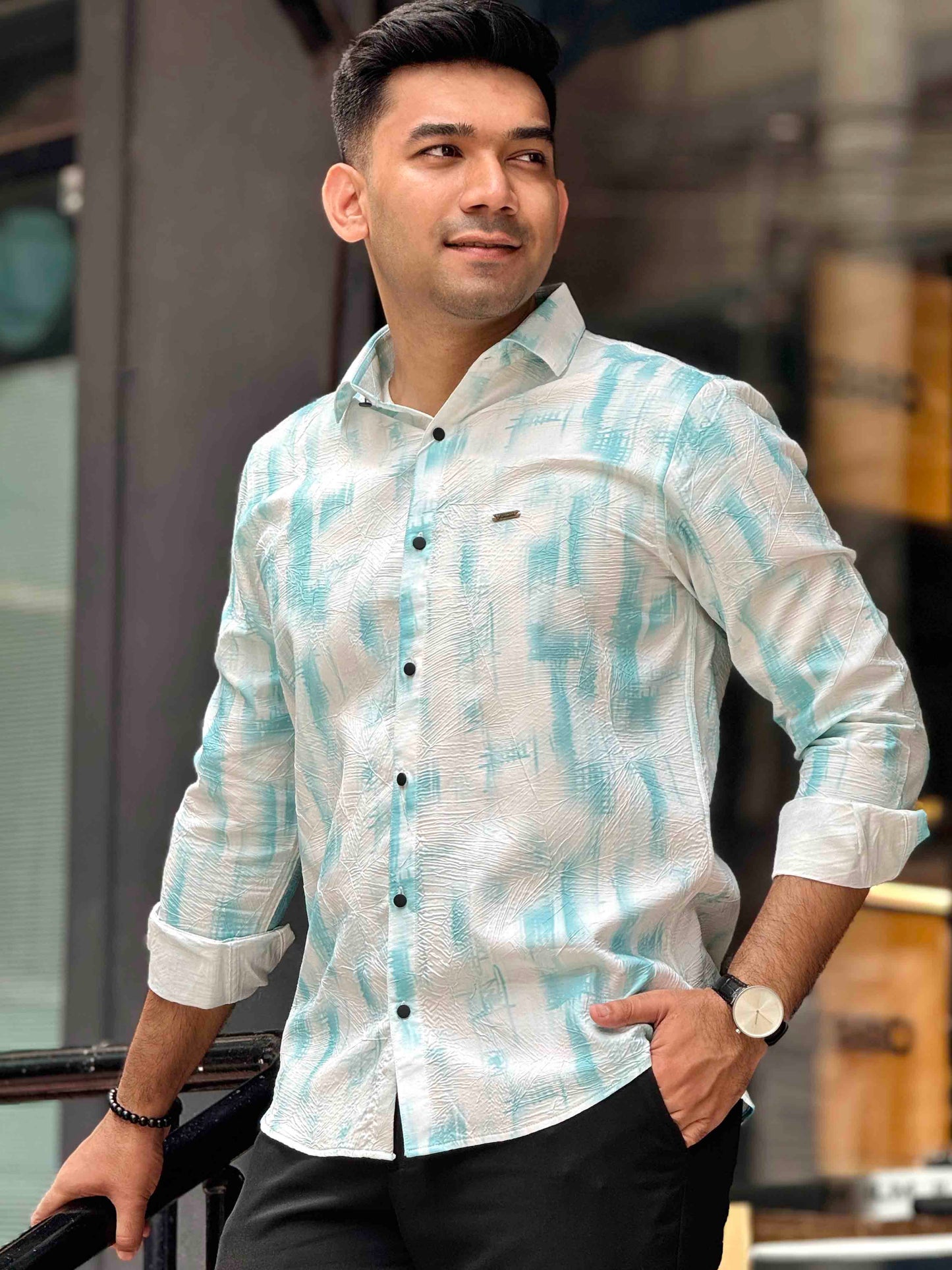 White Cyan printed viscos premium shirt