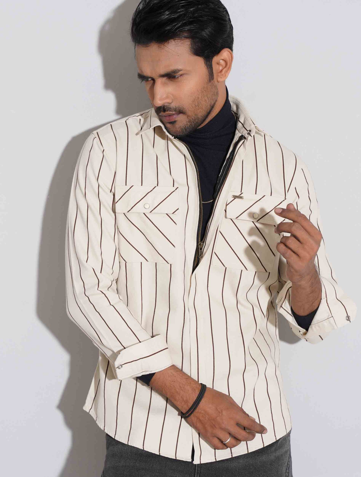 Cream stripe chain design full sleeve shirt