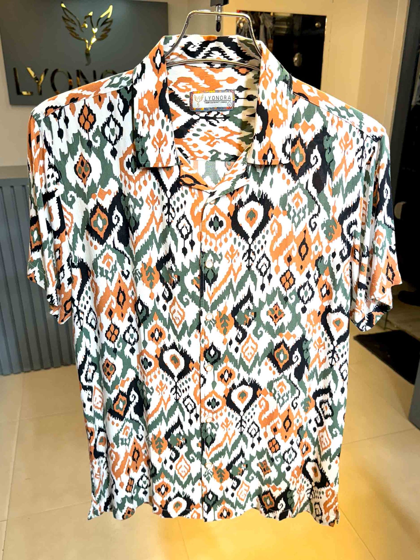 White-Yellow green pentagonal cube printed havana shirt
