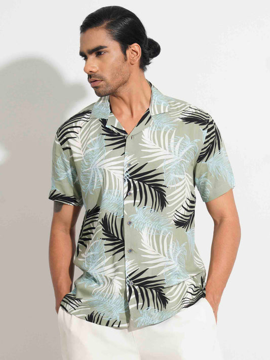 Mint tropical palm leave printed hawaiian shirt