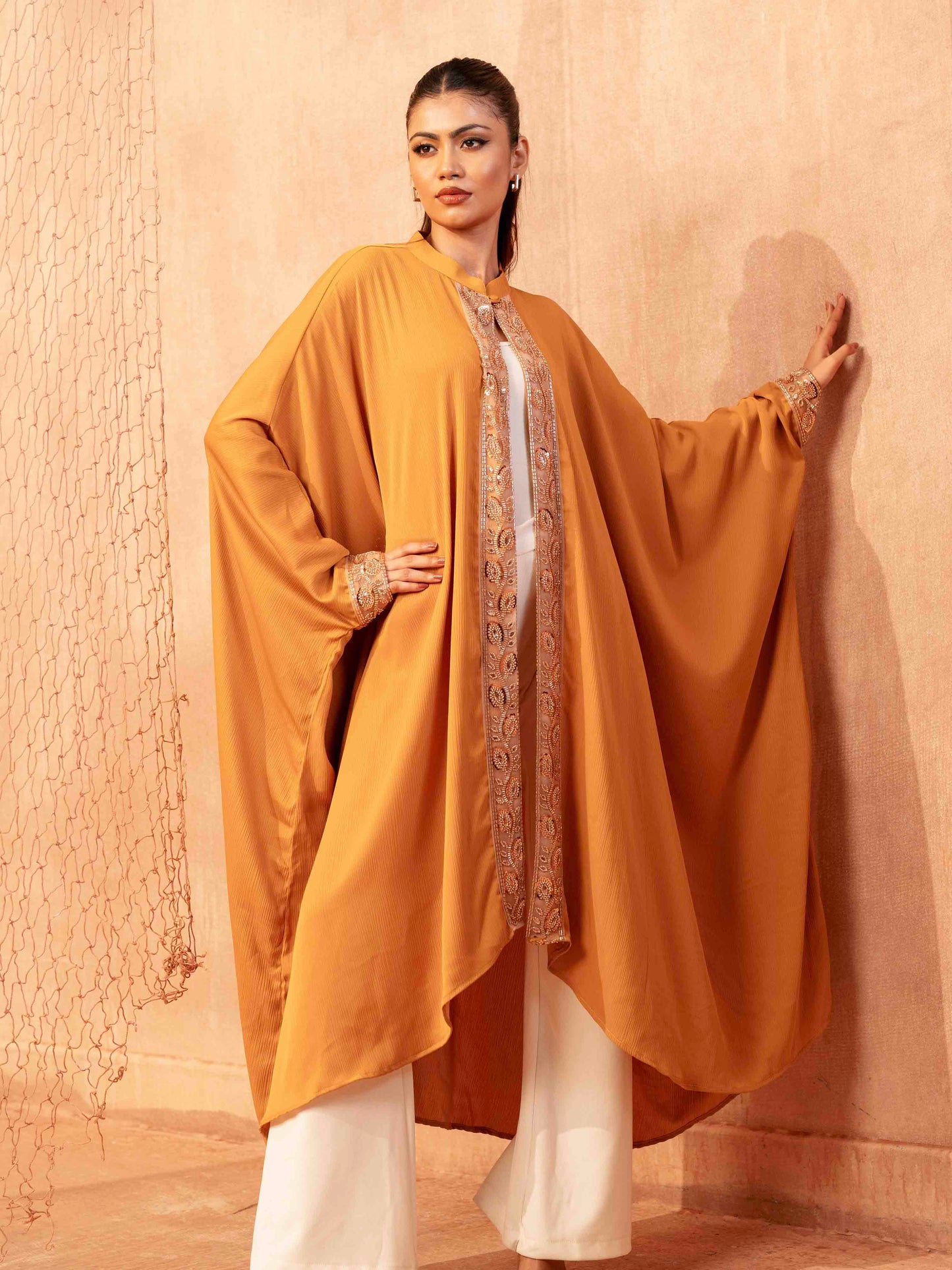 Yellow karchupi design female abaya
