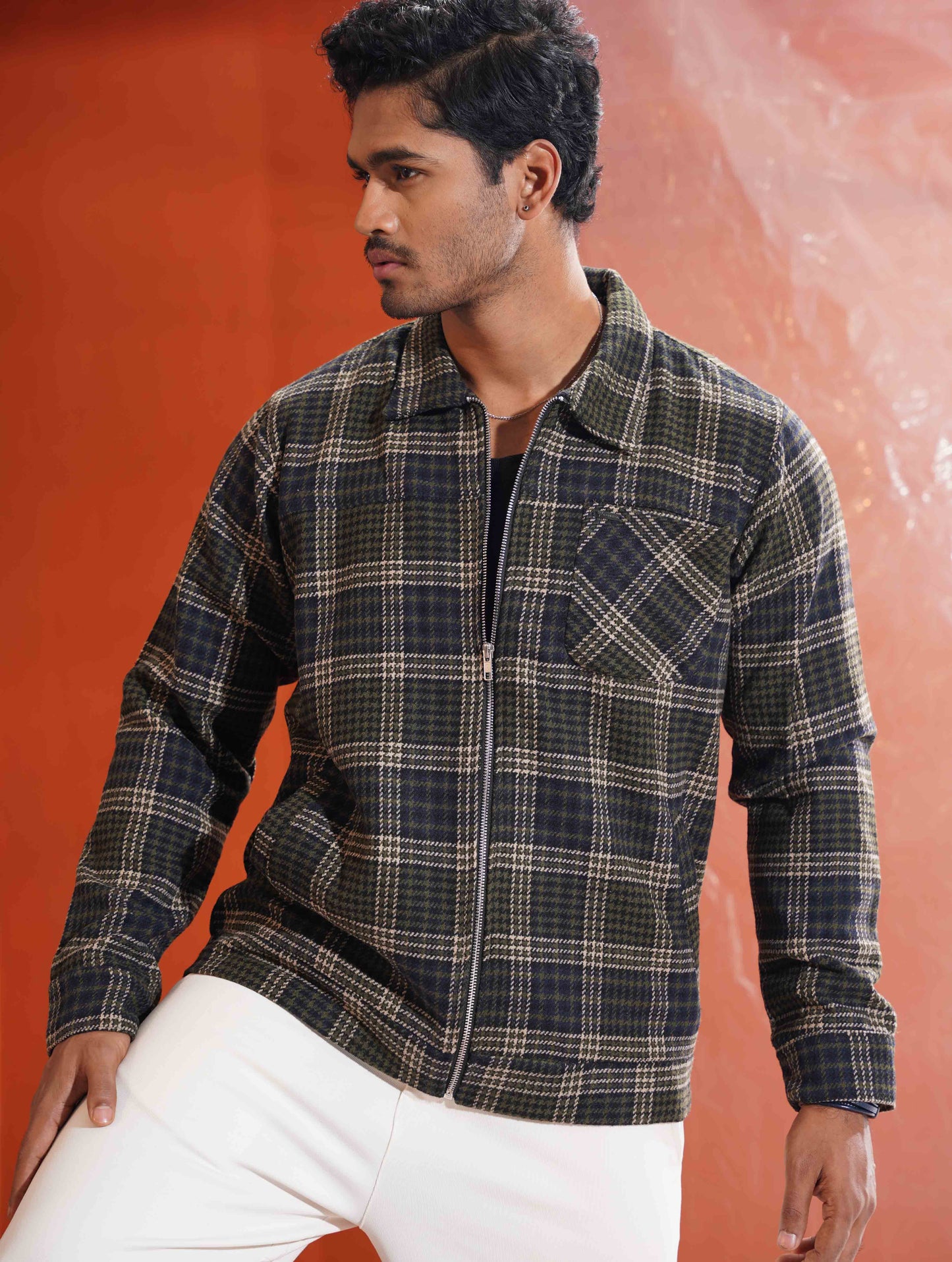 Army Olive - Cream Check flannel jacket