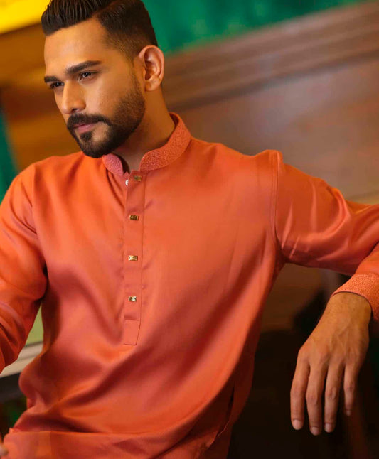 Brunt orange collar & cuff embroidery panjabi