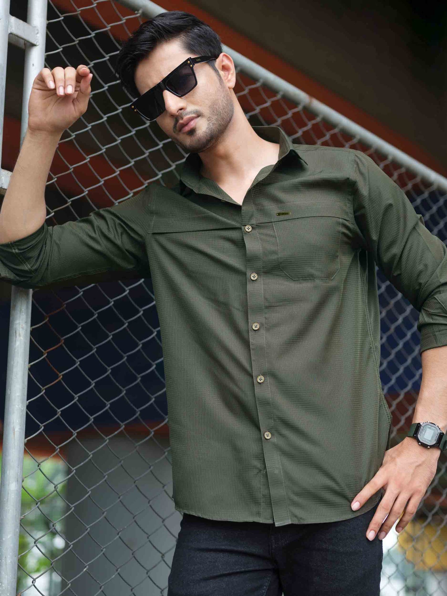 Trellis Olive chest plated full sleeve shirt